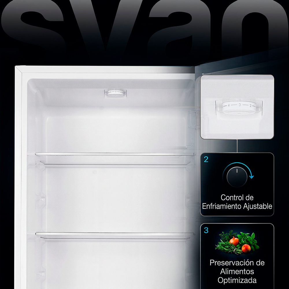 Vista interior de un refrigerador blanco con estantes y controles.