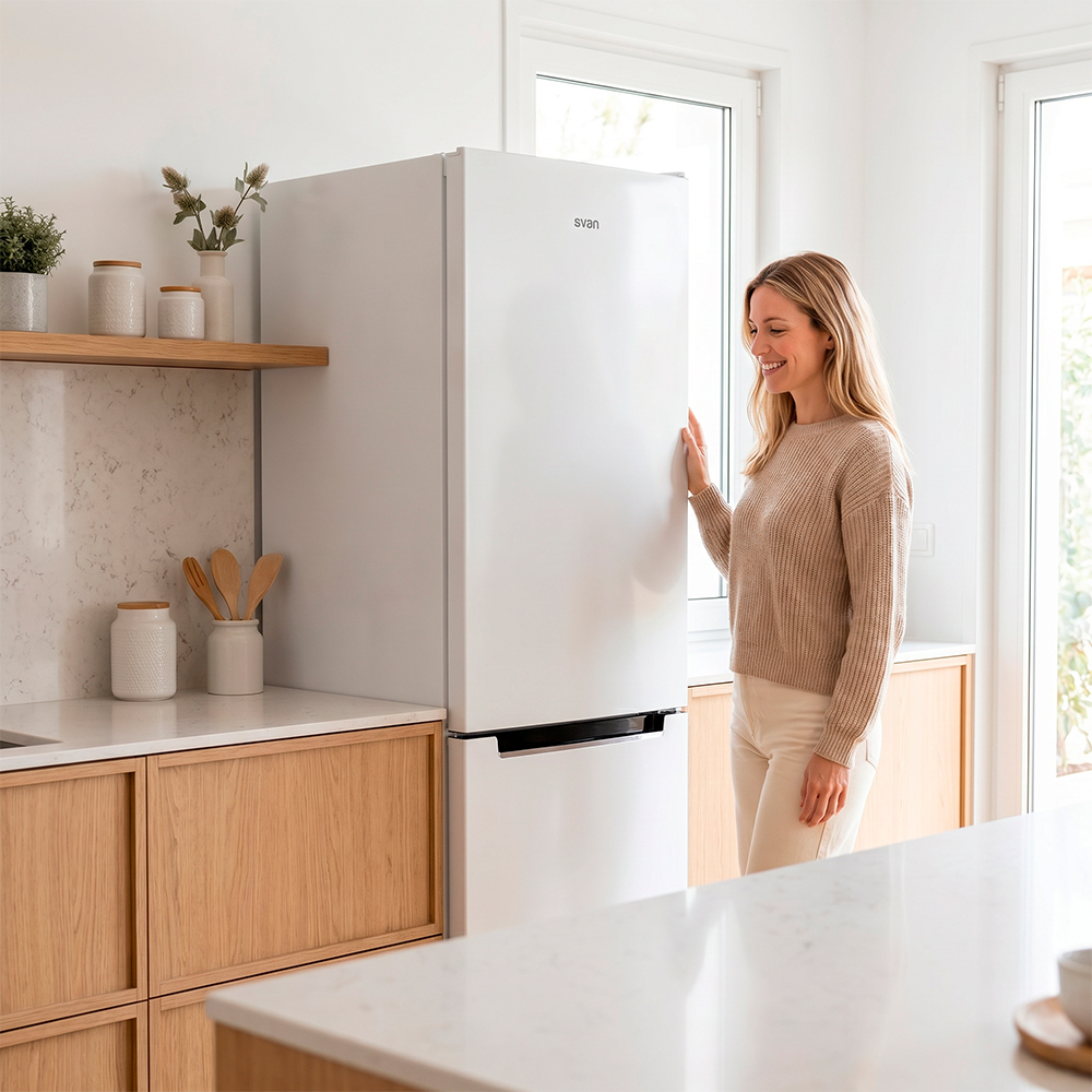 Una mujer toca un refrigerador blanco en una cocina moderna con detalles de madera.