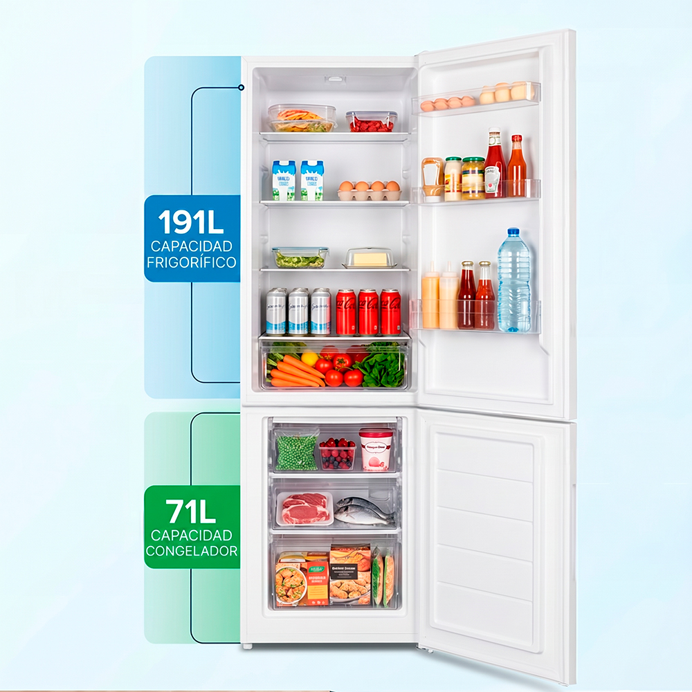 Un refrigerador abierto con alimentos en estantes y cajones.
