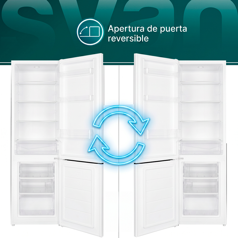 Refrigerador con puertas reversibles y icono de flecha.