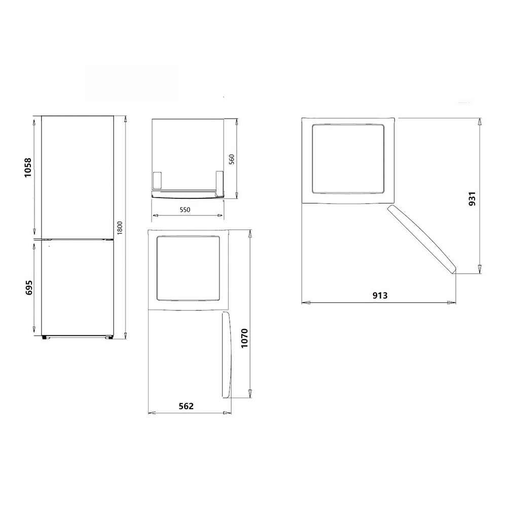 Dibujo técnico de un refrigerador con dimensiones.