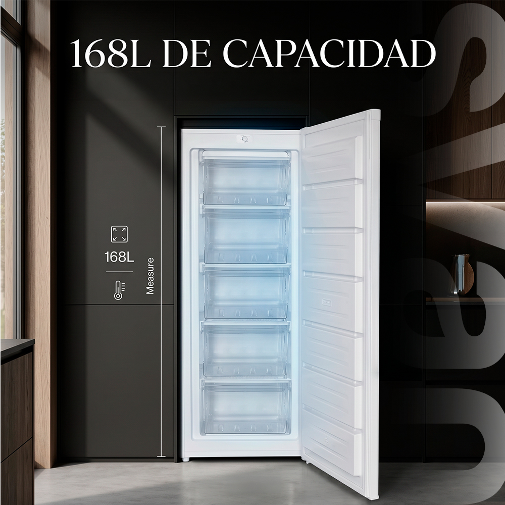 Un congelador blanco abierto con 5 cajones y capacidad de 168L.
