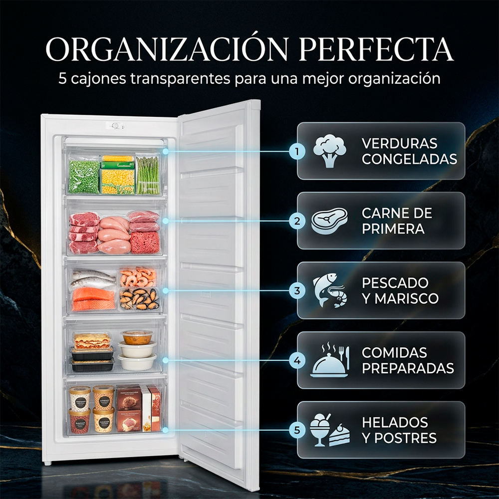 Congelador con 5 cajones: verduras, carne, pescado, comidas, helados.