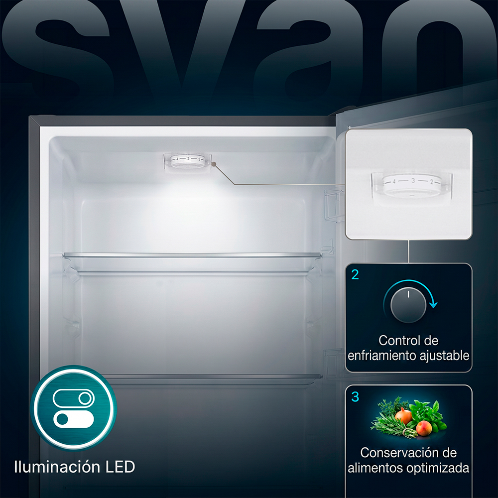 Un refrigerador vacío con iluminación LED, control de temperatura y frutas/hierbas.