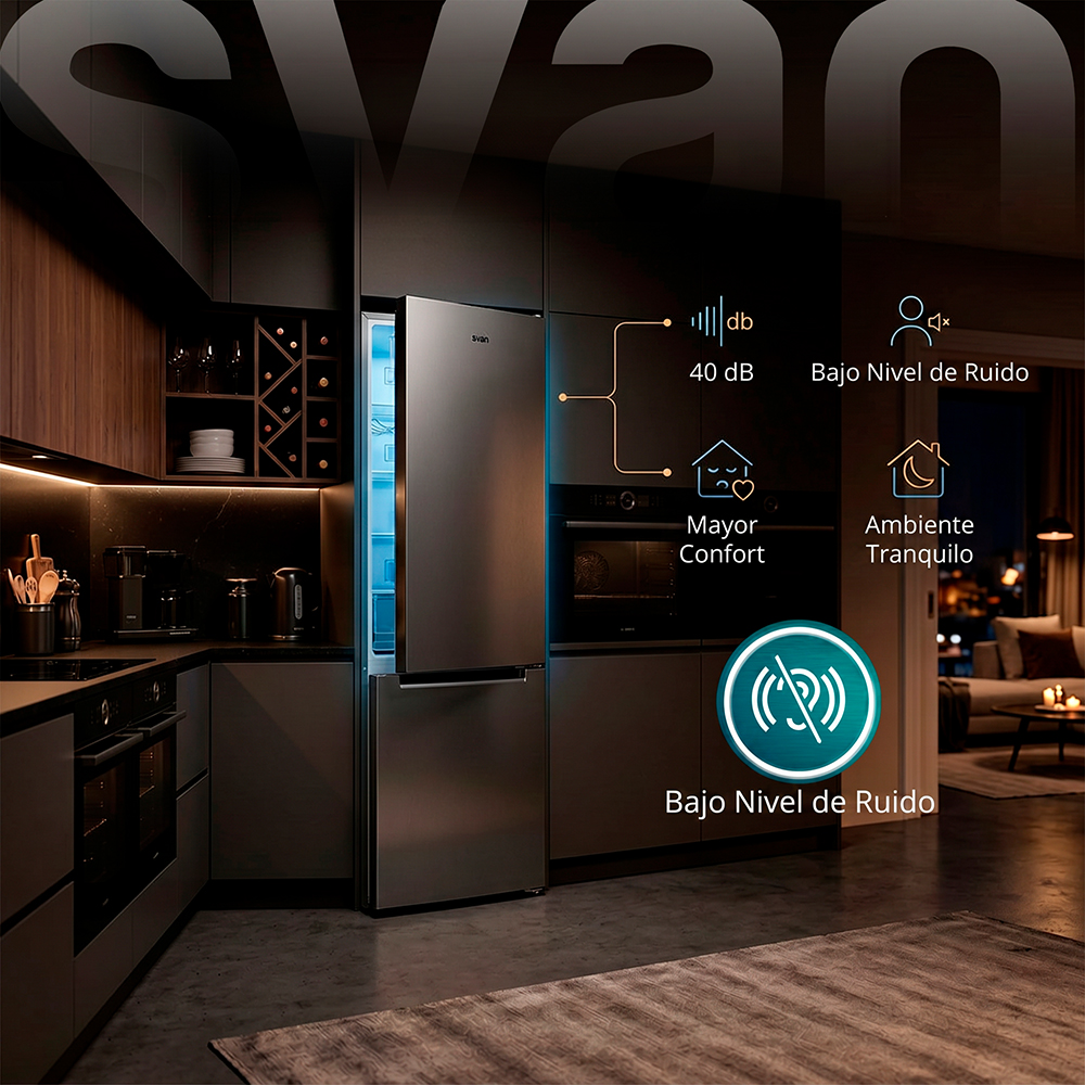 Interior de cocina elegante con refrigerador abierto, indicando 40 dB y bajo nivel de ruido.
