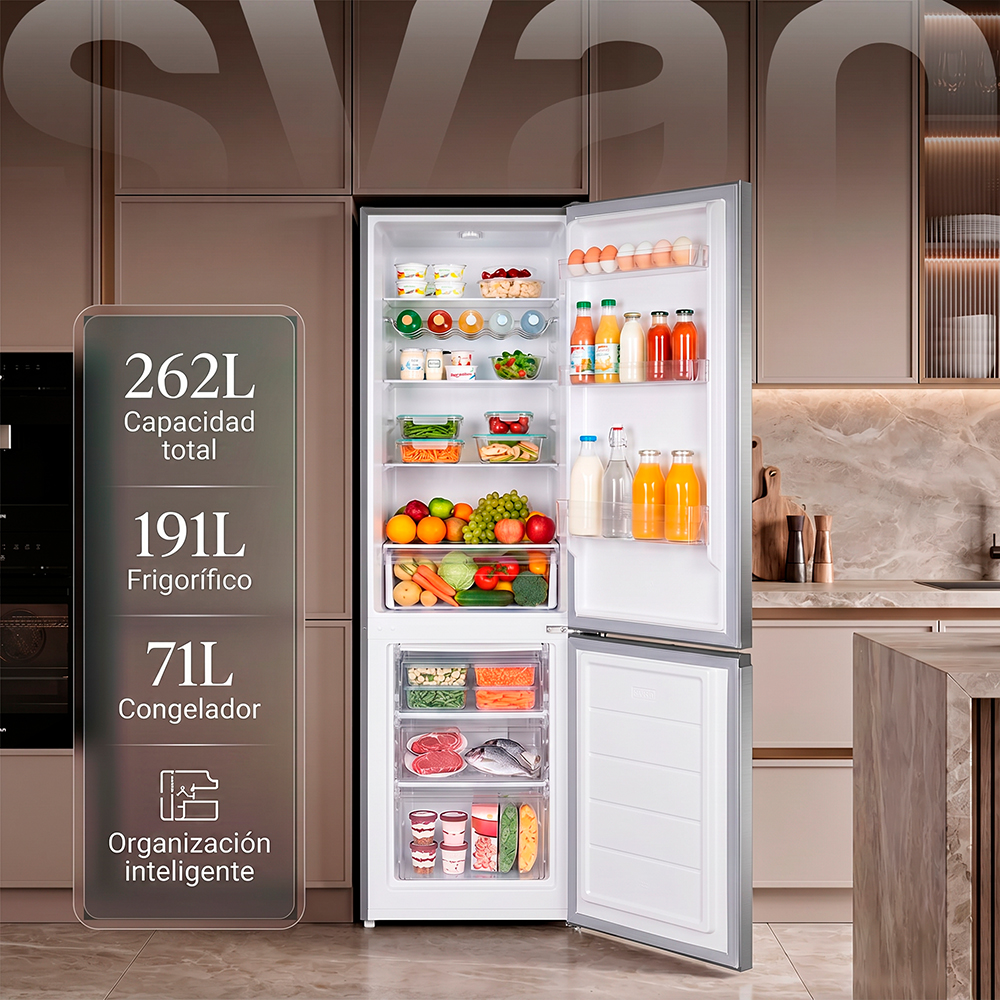 Refrigerador abierto lleno de comida: frutas, verduras, huevos, leche y carne.