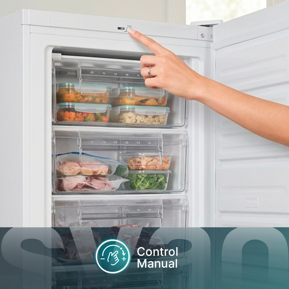 Una mano presiona un botón en un congelador con cajones transparentes llenos de comida.