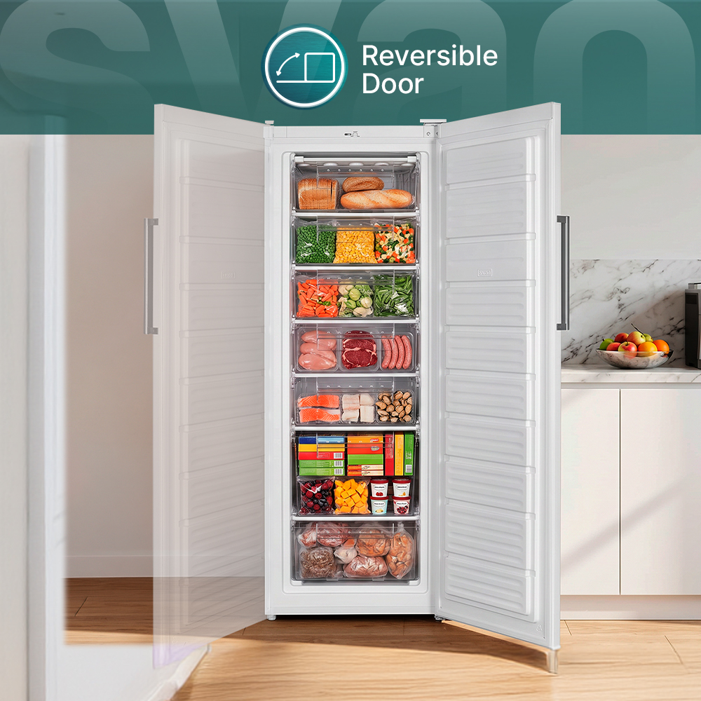 Congelador abierto con cajones llenos de comida y texto 'Reversible Door'.