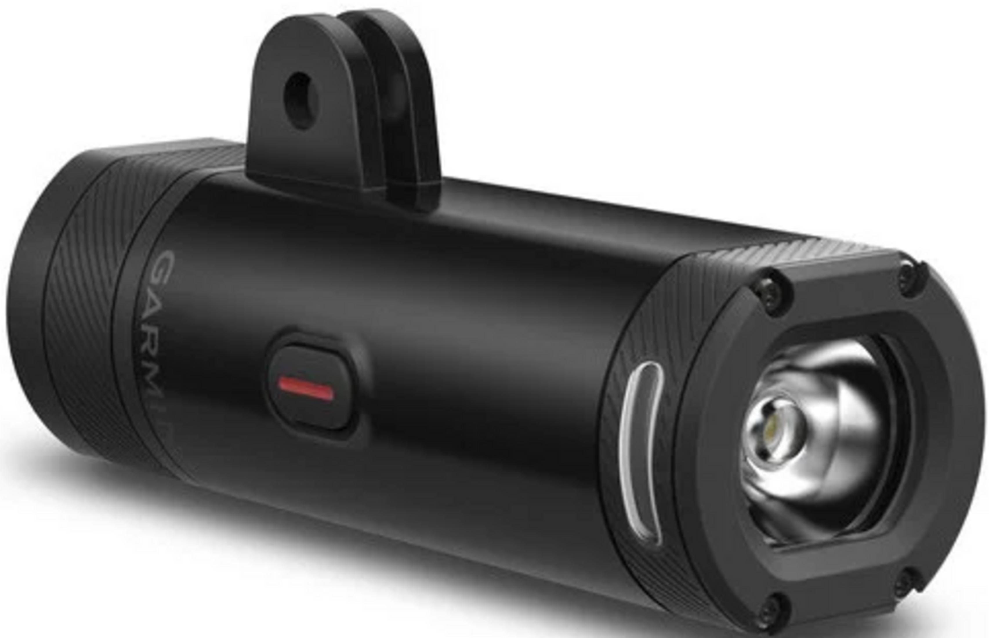 Schwarzer Garmin-Scheinwerfer mit Befestigung und rotem Knopf.