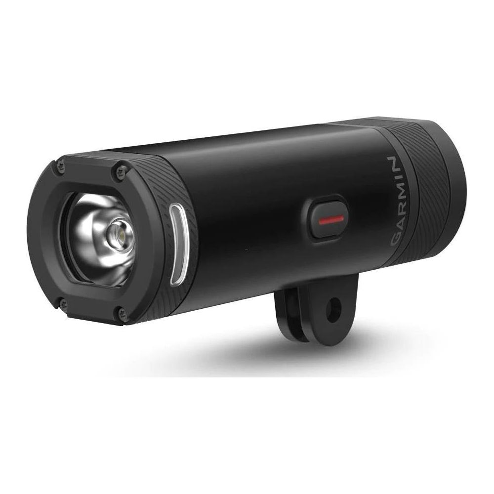 Schwarzes Garmin-Fahrradlicht mit silberner Linse und rotem Knopf. Weißer Hintergrund.