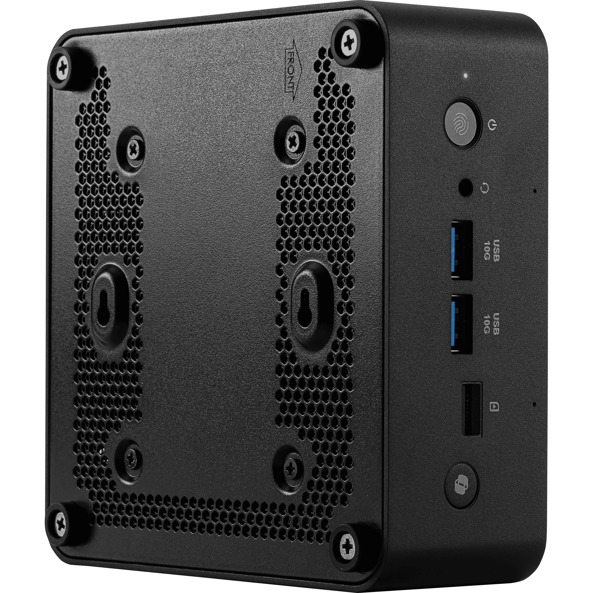 Caja de ordenador negra con rejillas de ventilación, puertos USB y botón de encendido.