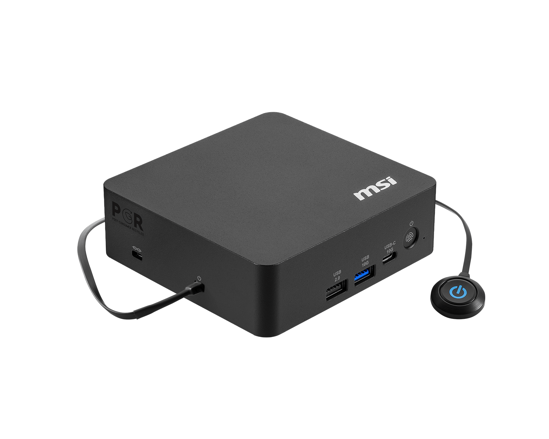 Un mini PC MSI negro con logo PCR, puertos USB y botón de encendido separado.