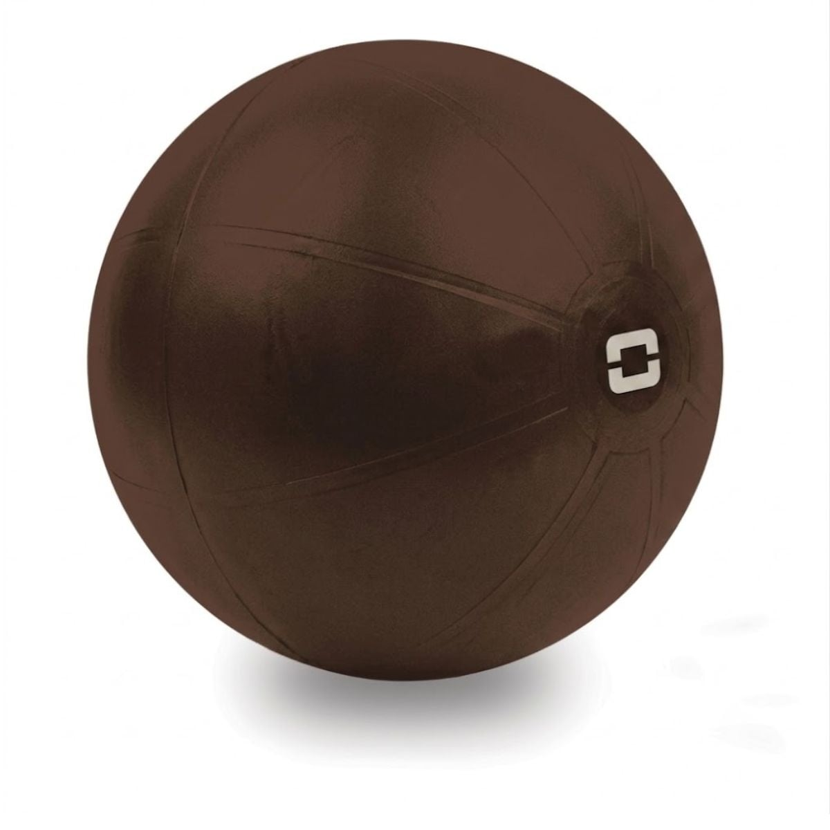 Een donkerbruine fitnessbal met naden en een wit logo.