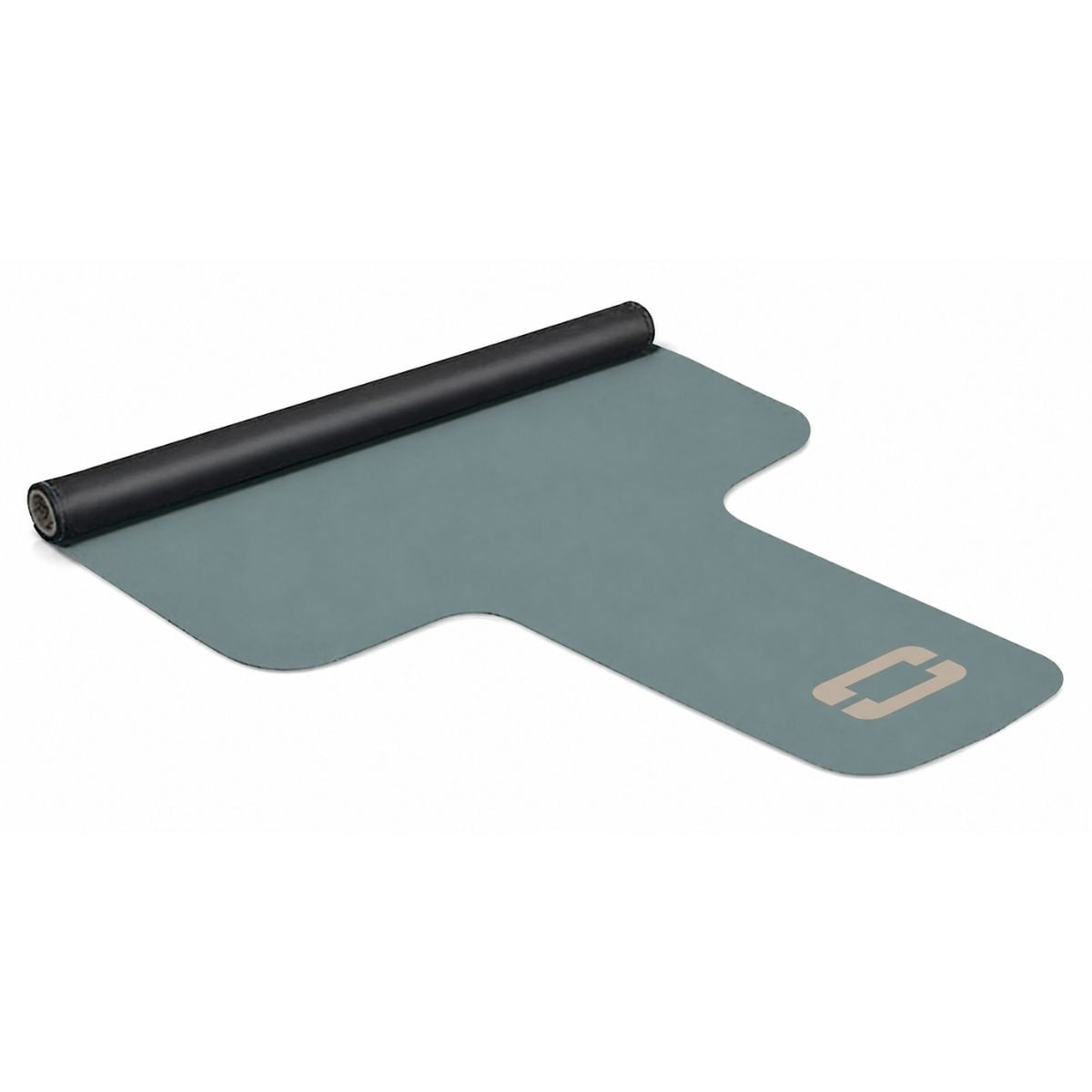 Een opgerolde petrolkleurige yogamat met een logo aan de rechterkant.