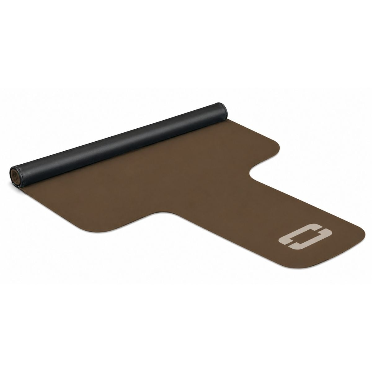 Een bruine yogamat is gedeeltelijk uitgerold met een zwart opgerold uiteinde. Een logo staat op de mat.