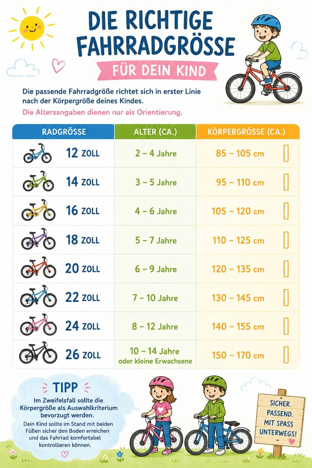 Die richtige Fahrradgröße für Kinder: Tabelle mit Radgrößen, Alter und Körpergröße.