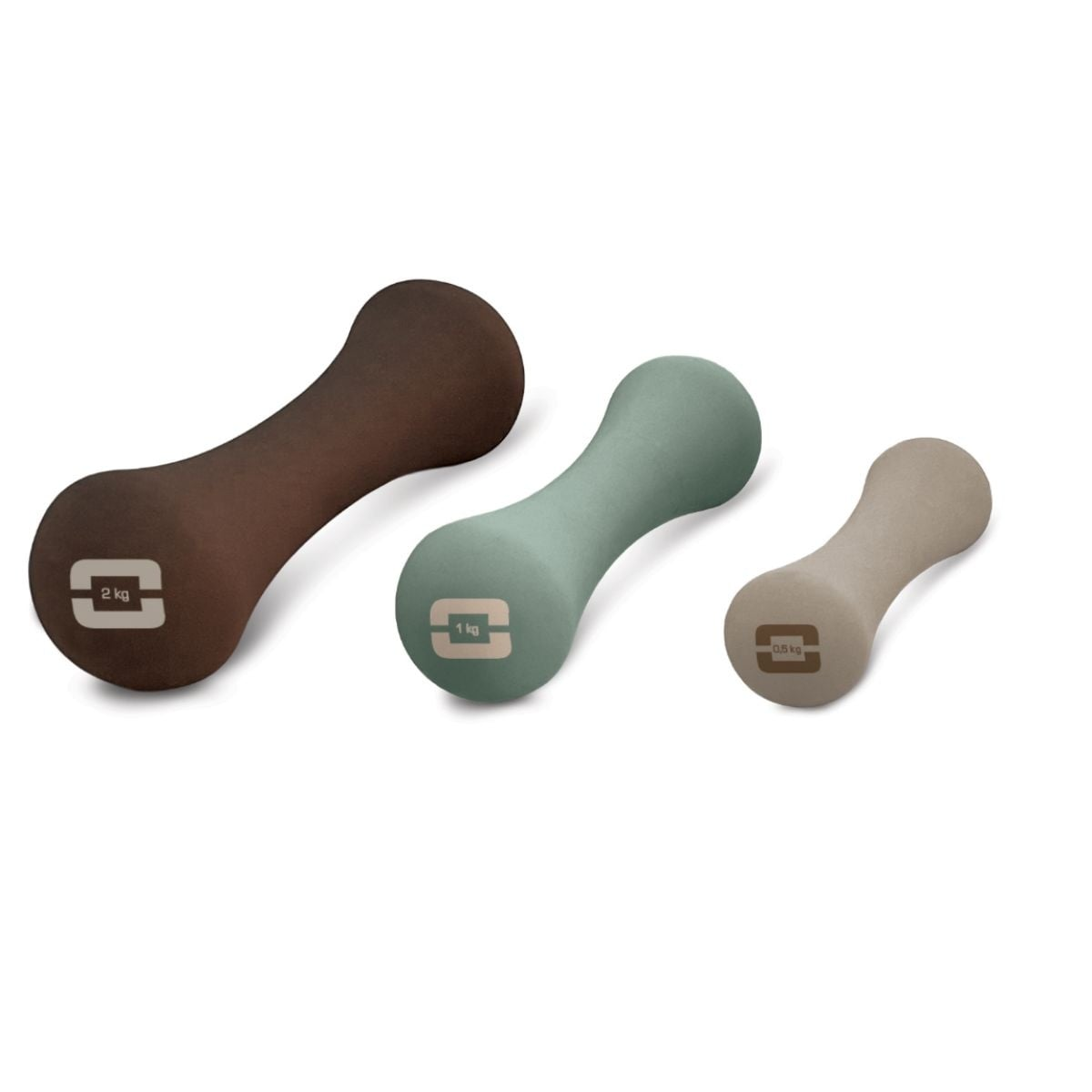 Drie dumbbells van 2kg, 1kg en 0,5kg.