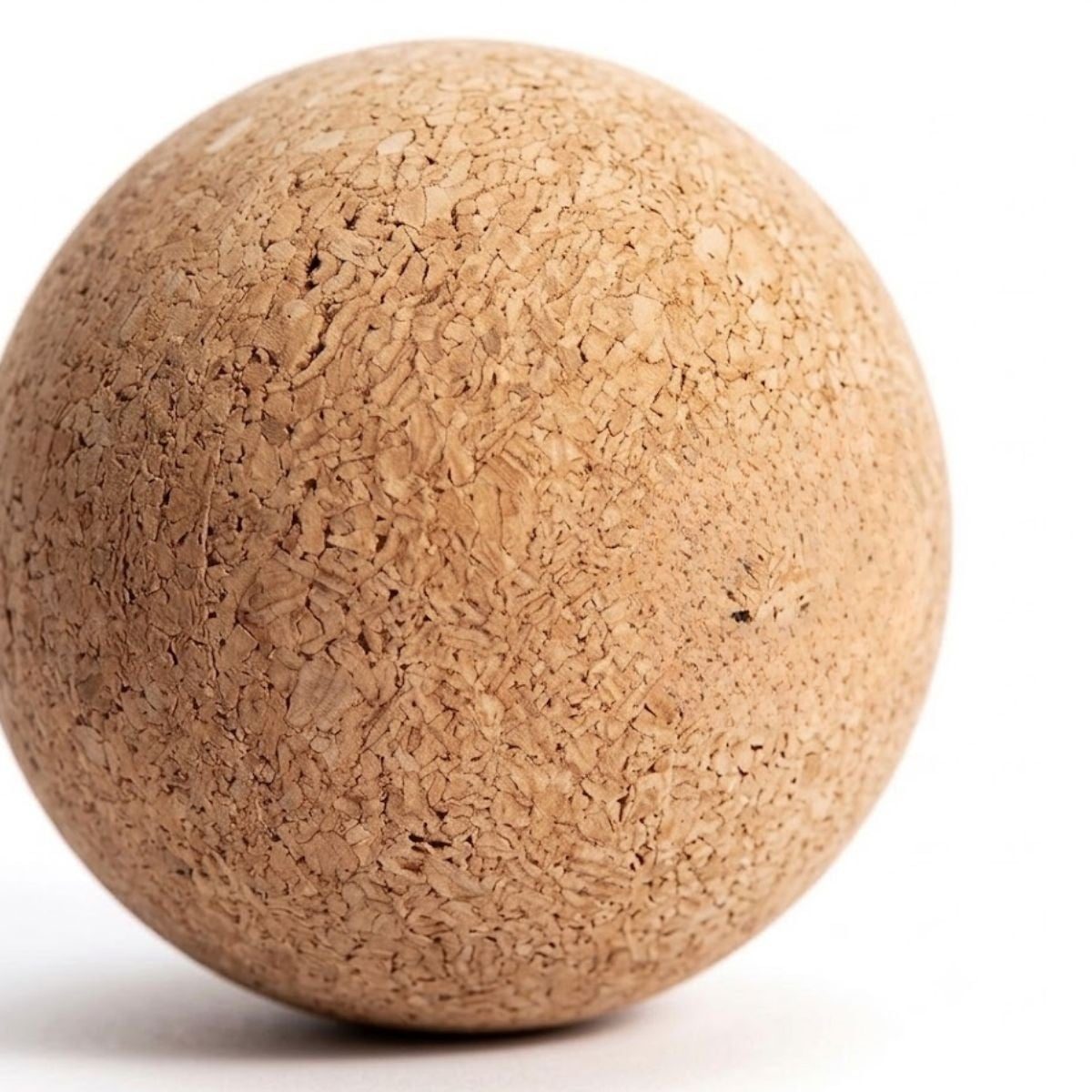 Een natuurlijke kurken bal met een gestructureerd oppervlak op een witte achtergrond.