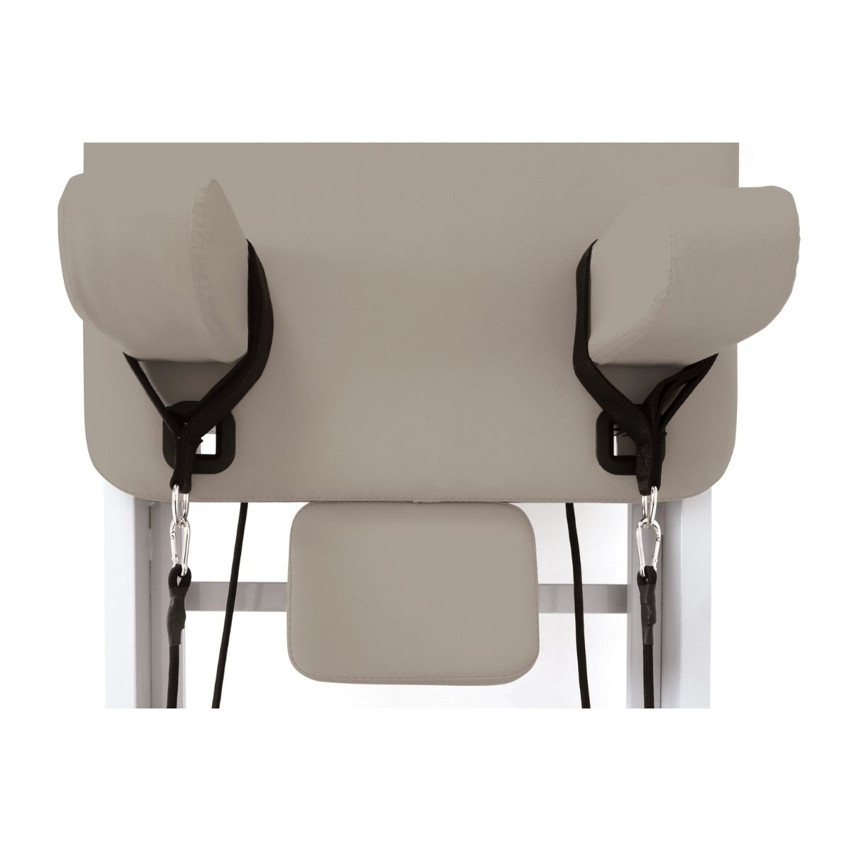 Gray upholstery with black straps and carabiners on a device.