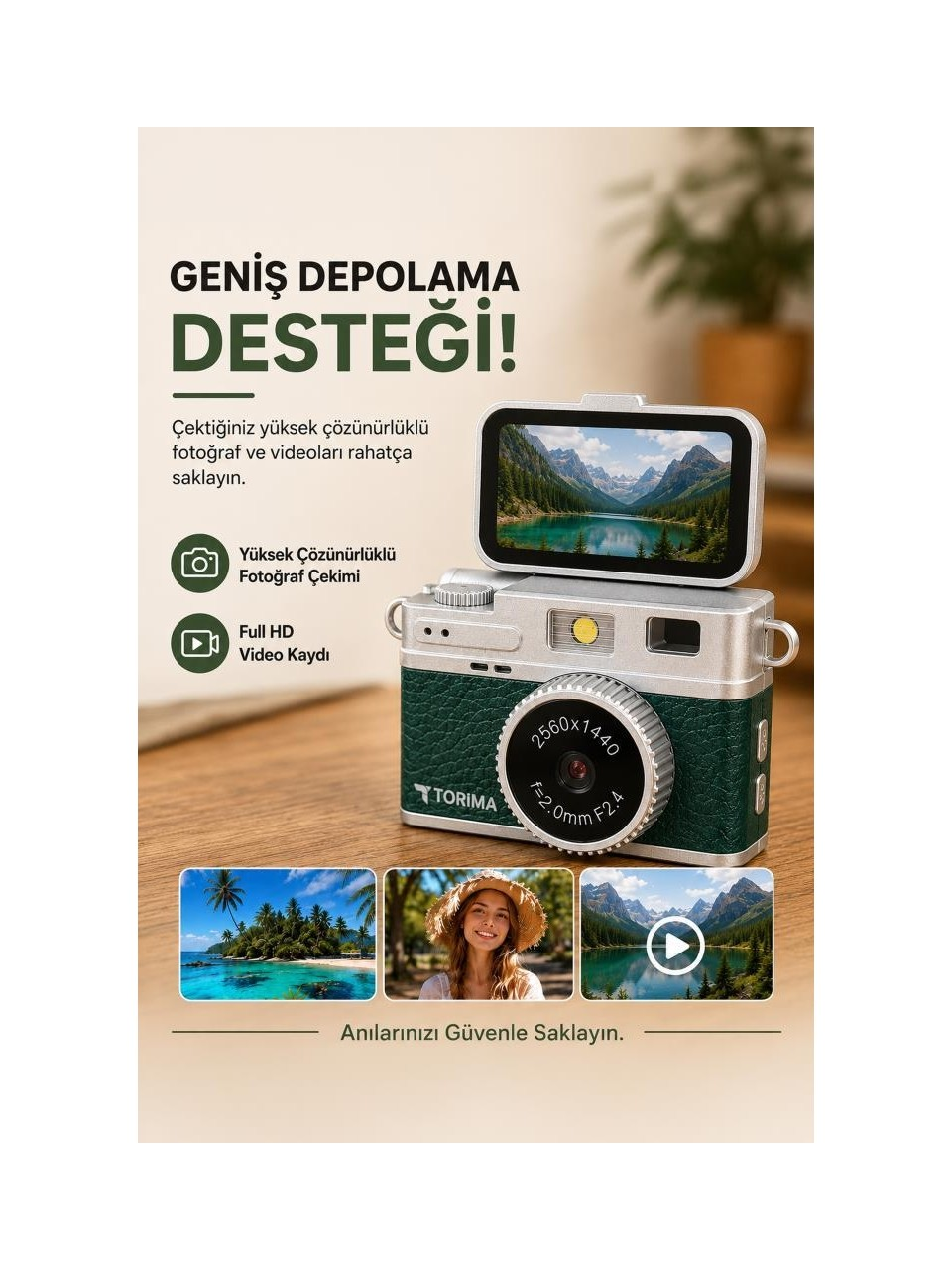 Lens detayları ve üç örnek resim içeren gümüş ve yeşil kamera.