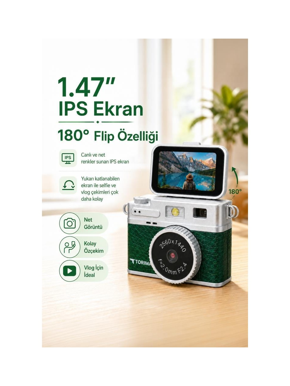 1,47" IPS ekrana ve 180° flip özelliğine sahip kompakt yeşil kamera.