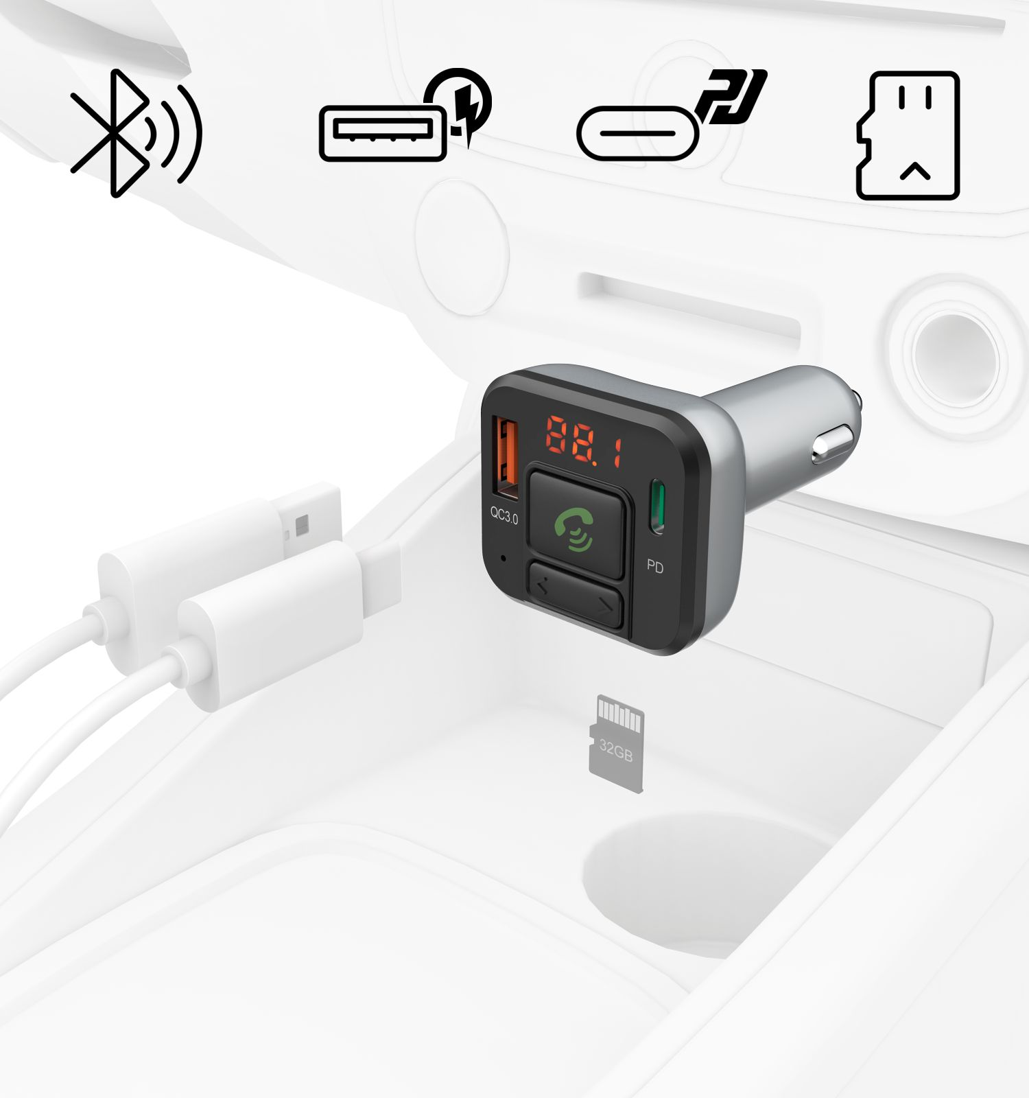 Caricatore auto con icone USB-C, USB-A, Bluetooth, scheda SD. Display mostra 88.1 FM.