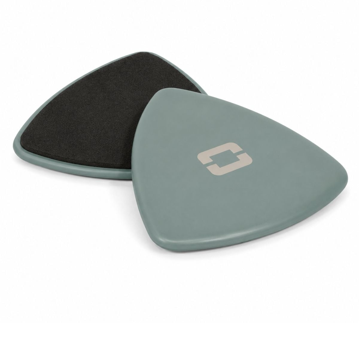 Two triangular sliding discs, one grey with logo, one black with textured surface.