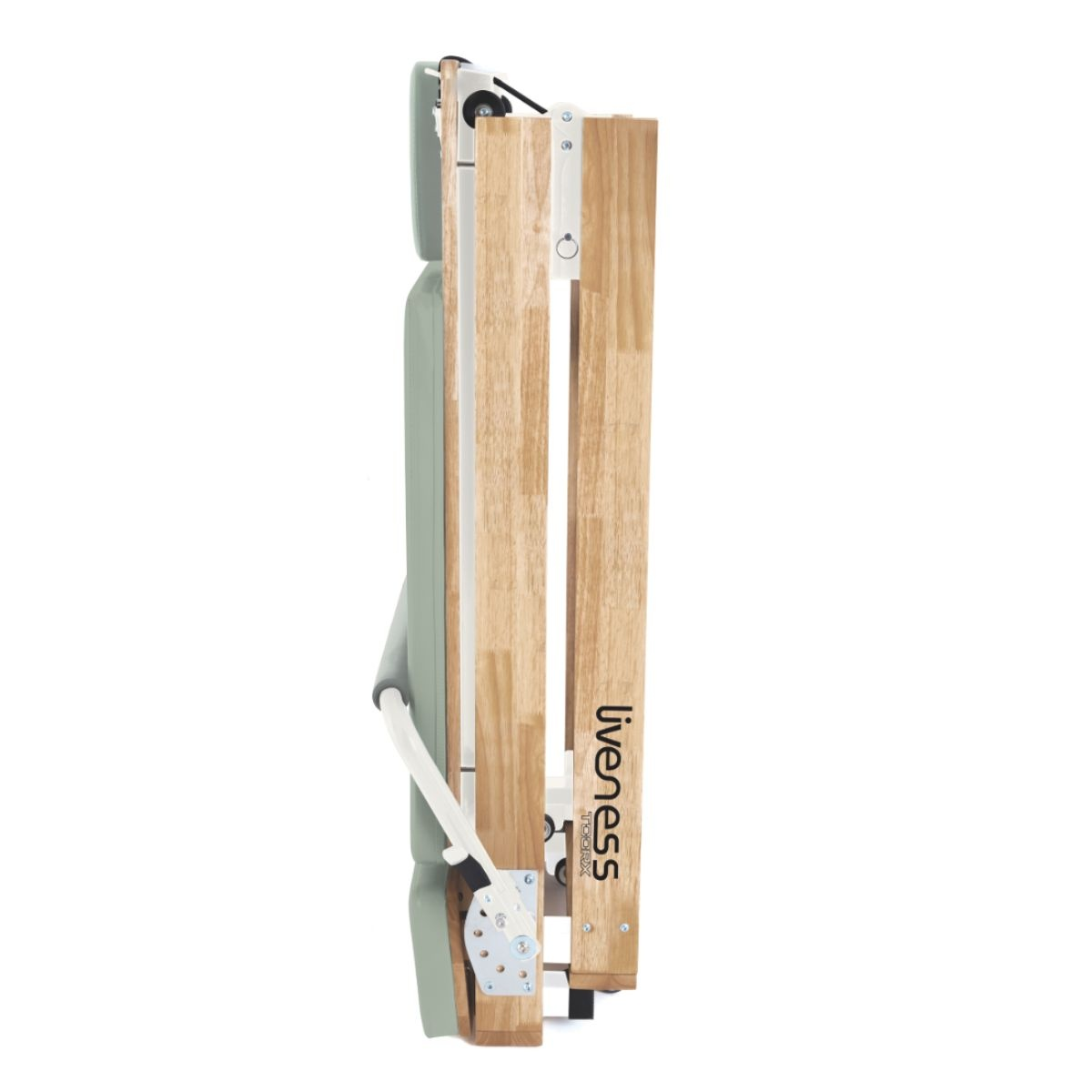 A folded massage table with wood frame and light green upholstery, silver hardware.