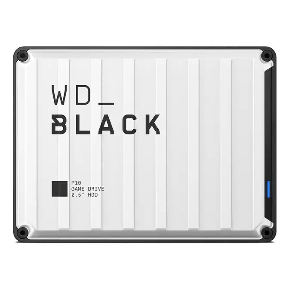 Biały dysk WD_BLACK P10 Game Drive 2,5" HDD z pionowymi żebrami i niebieskim światłem.