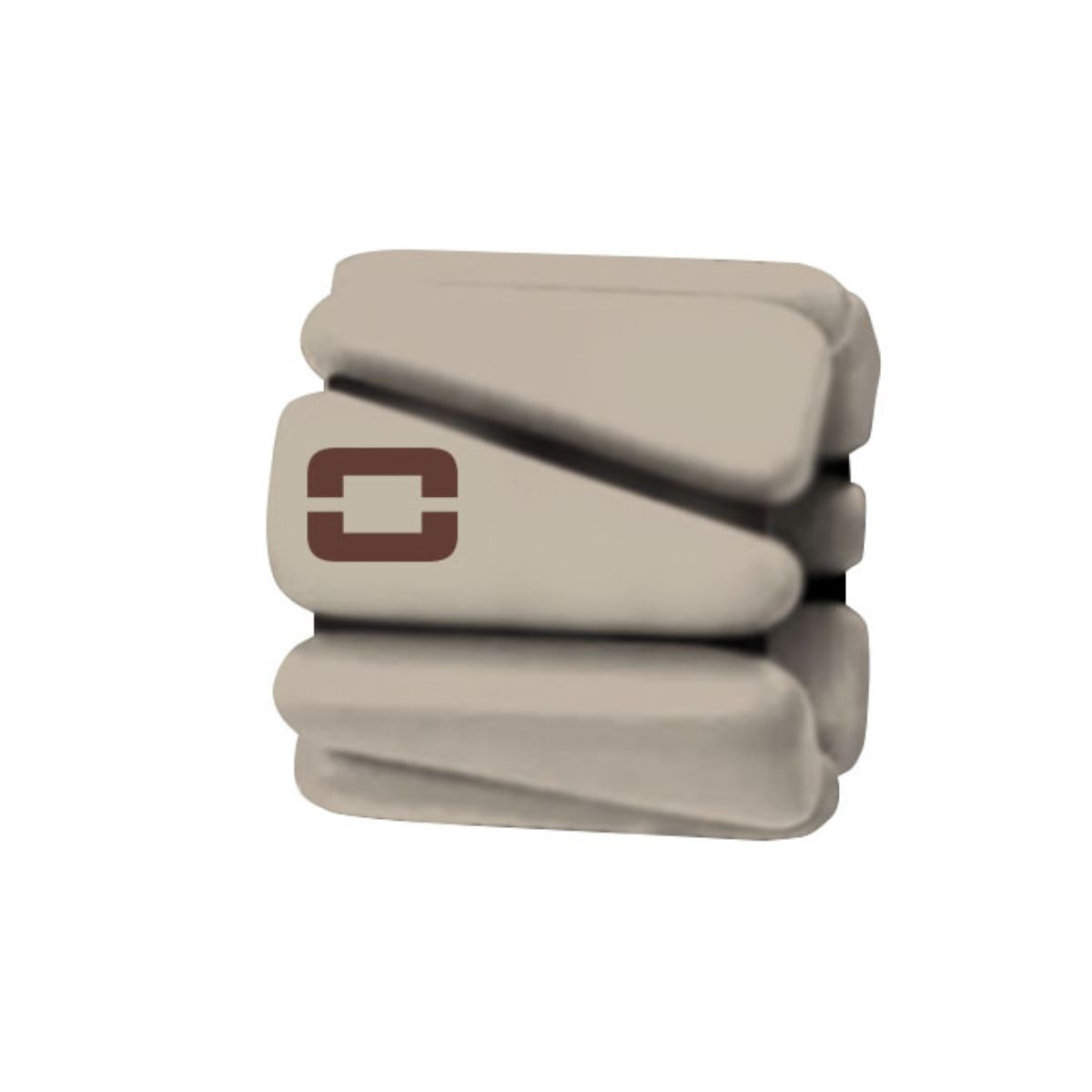 Beige gewichtsmanschet met bruin logo, geïsoleerd op wit.