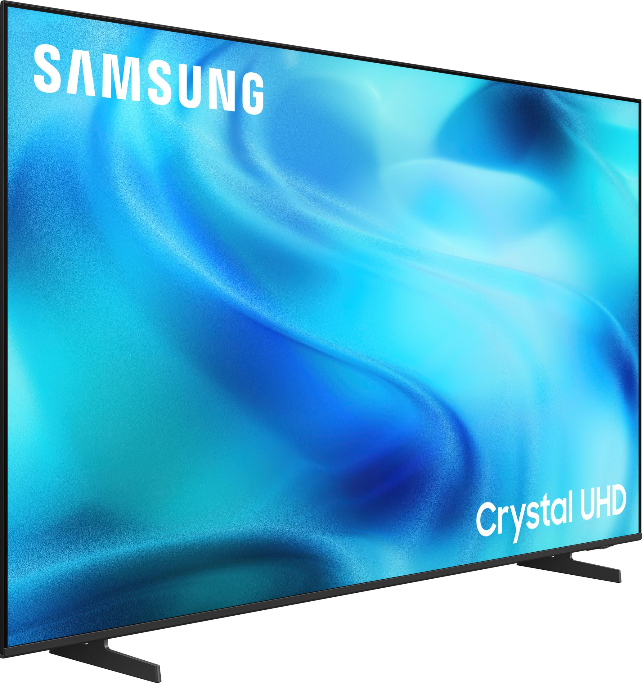A Samsung Crystal UHD TV with a blue abstract background displayed on screen.