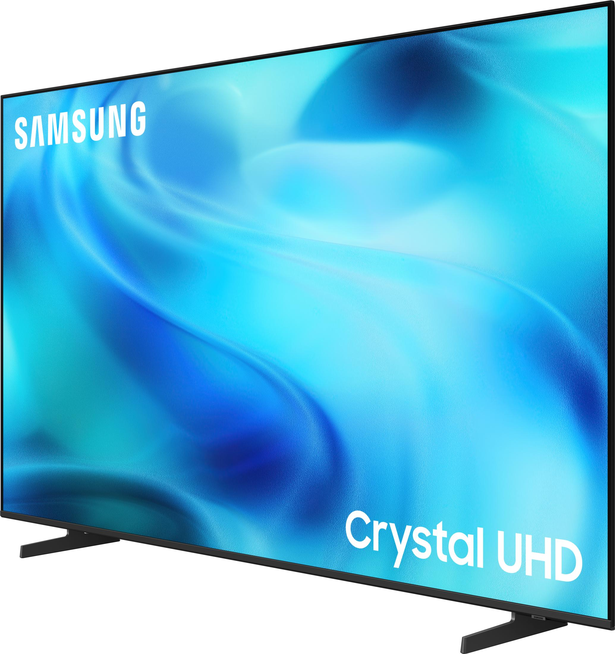 A Samsung Crystal UHD television with a blue background.