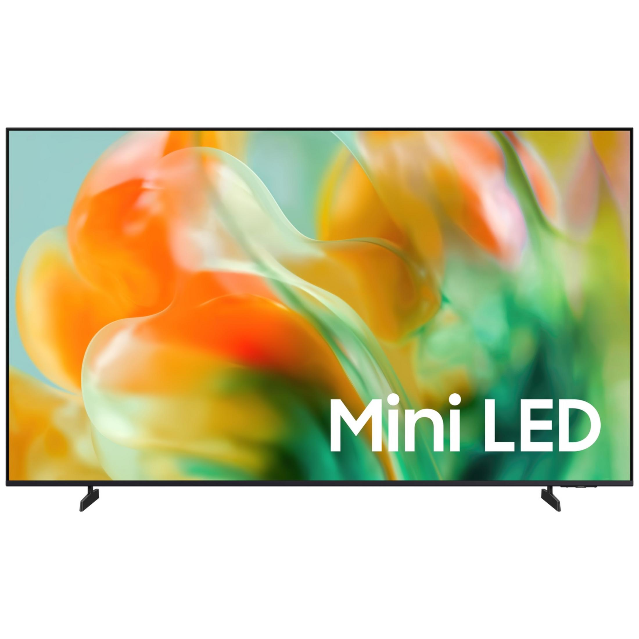 Un téléviseur élégant avec technologie Mini LED, sur fond abstrait et coloré.