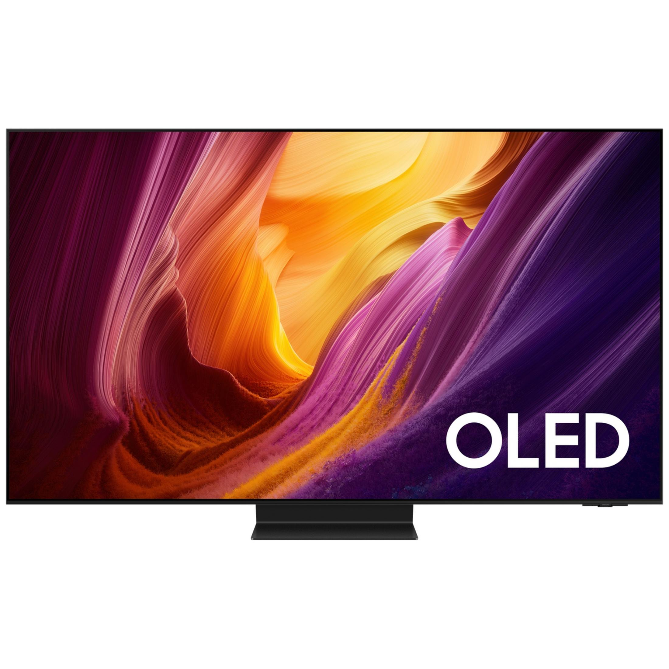 Un téléviseur noir affichant un économiseur d'écran abstrait violet et orange.
