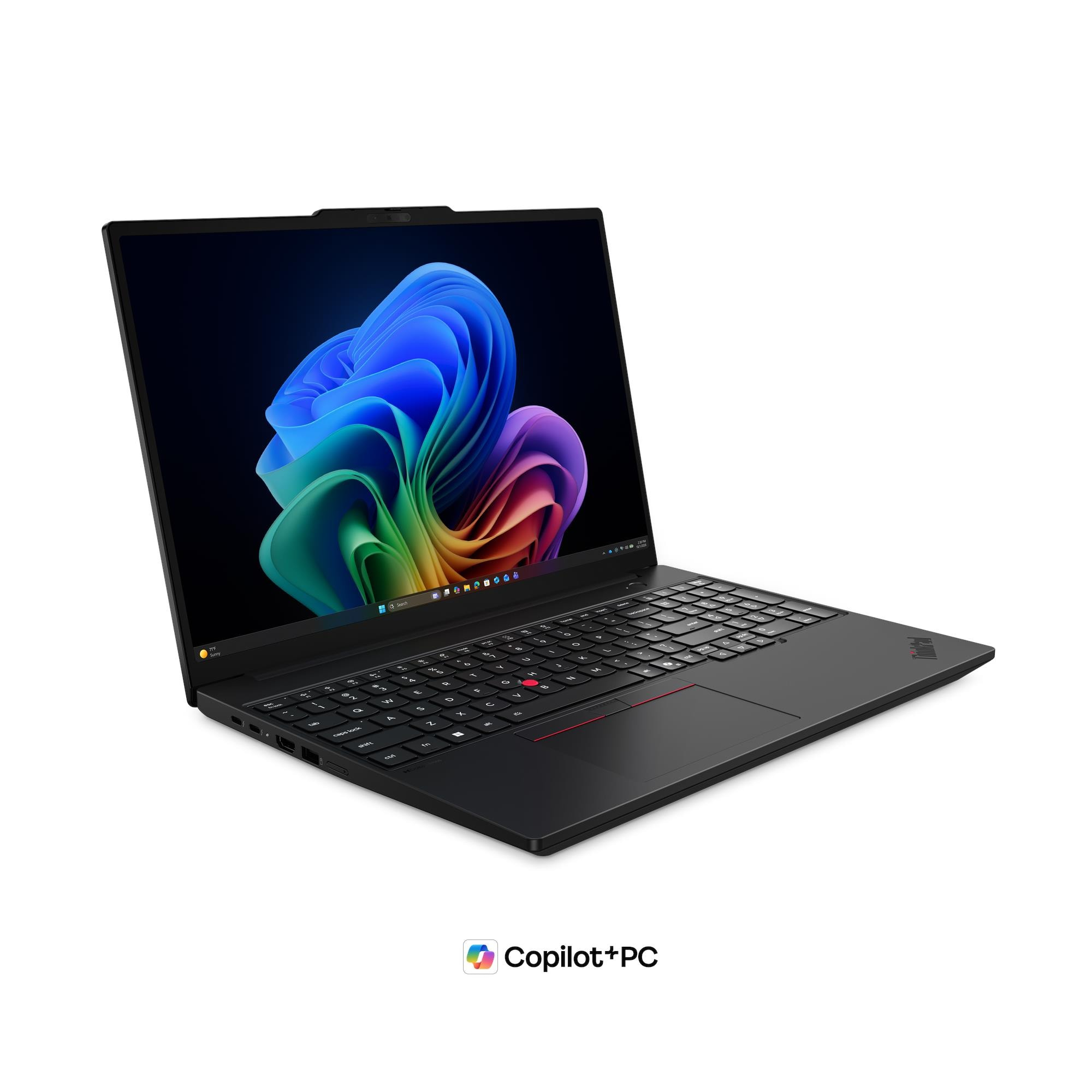 Un laptop nero con uno sfondo colorato sullo schermo.