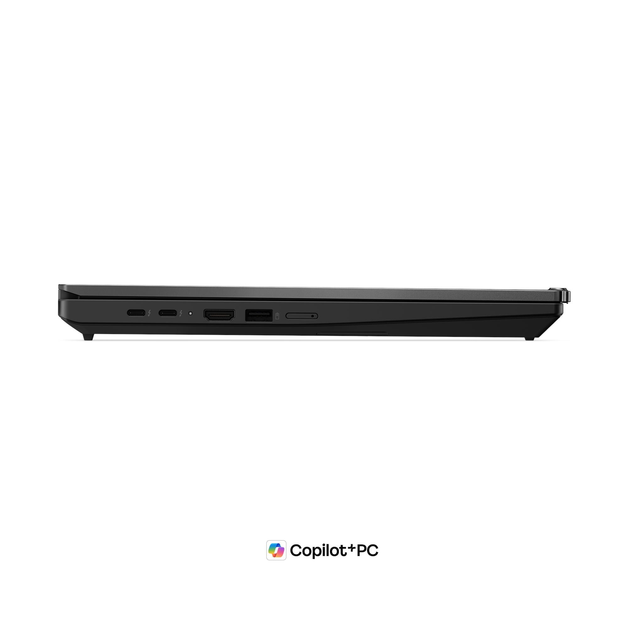 Lato di un laptop nero con porte USB-C, HDMI e lettore di schede SD.