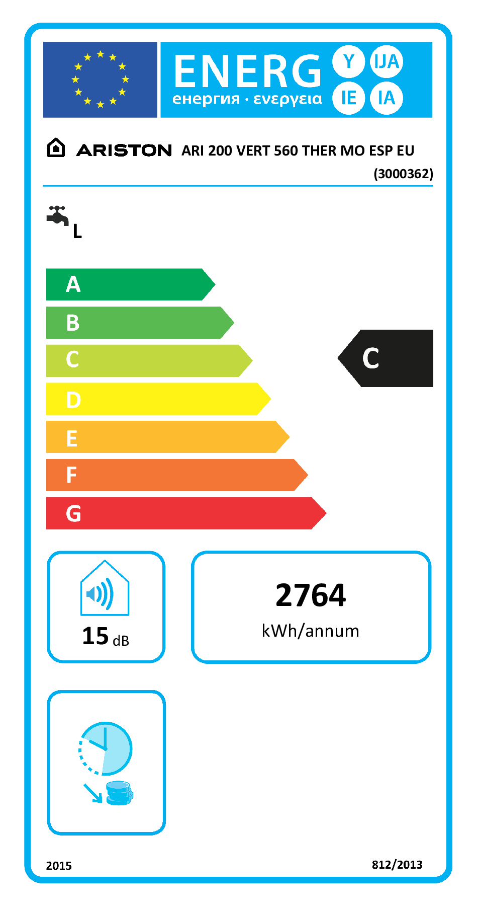 Etiqueta energética Ariston ARI 200, clase C, 15 dB ruido, 2764 kWh/año.