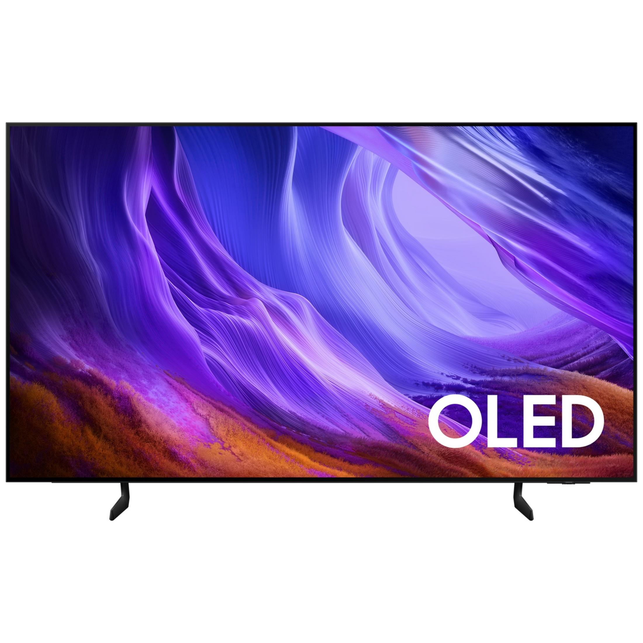 Un téléviseur élégant affichant le mot "OLED" en texte blanc sur son écran.