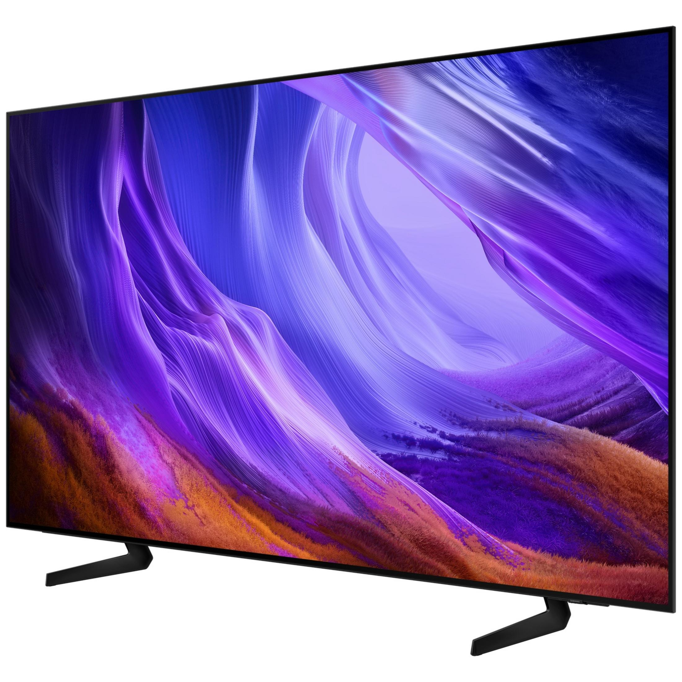 Une TV moderne à écran plat avec cadre noir affichant un fond abstrait et coloré.