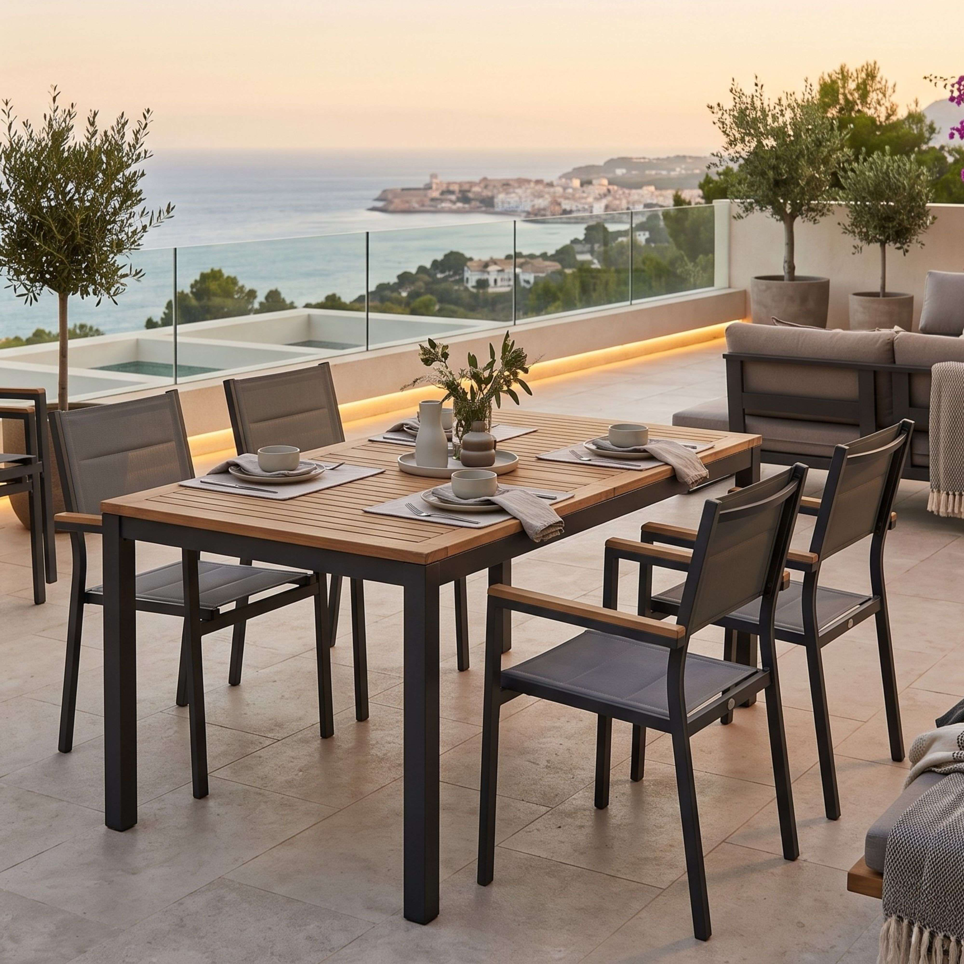 Mesa de madera con sillas en una terraza con vistas al mar y un pueblo al fondo.