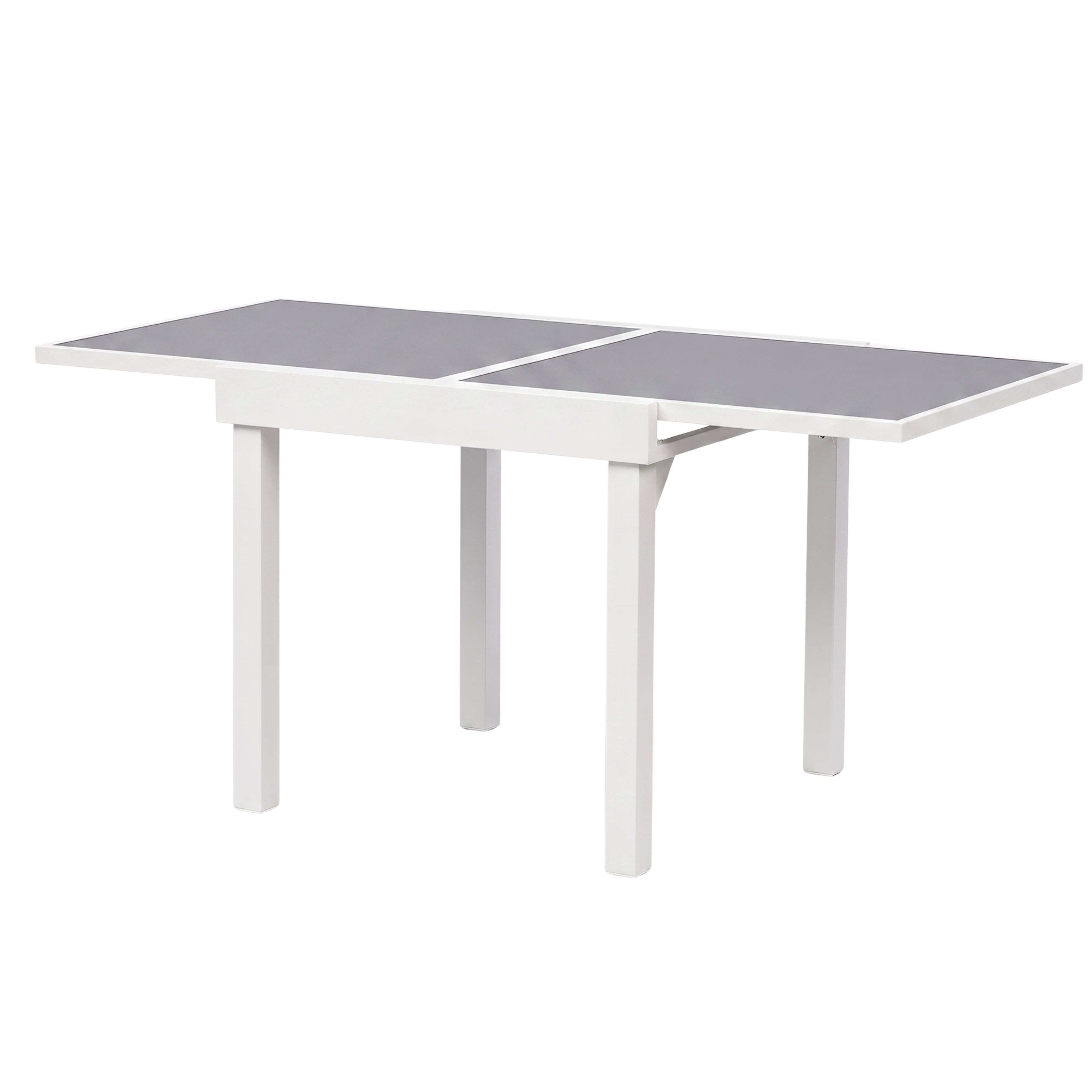 Una mesa blanca con dos secciones de tablero grises sobre fondo blanco.