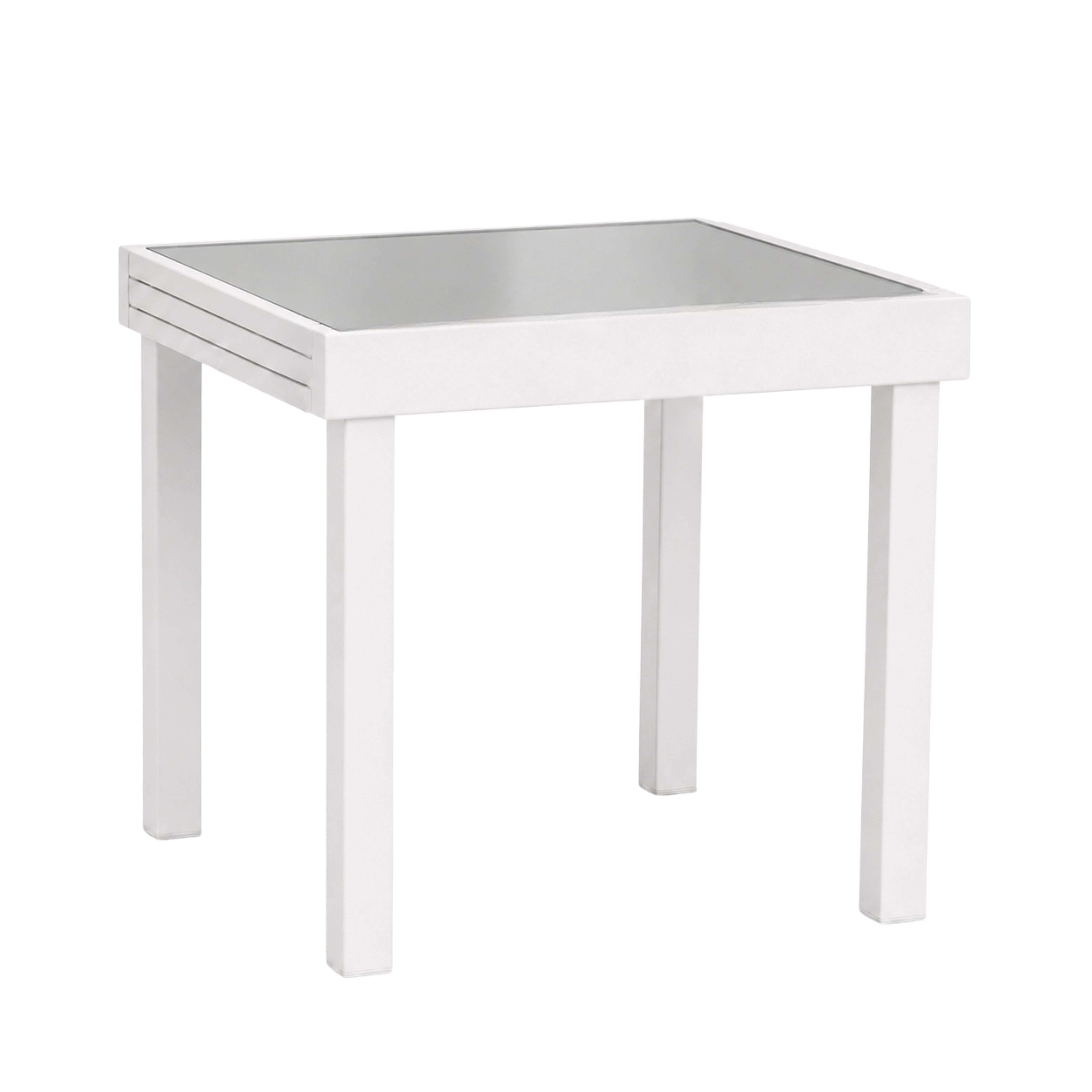 Una mesa blanca pequeña con tablero de cristal y cuatro patas.
