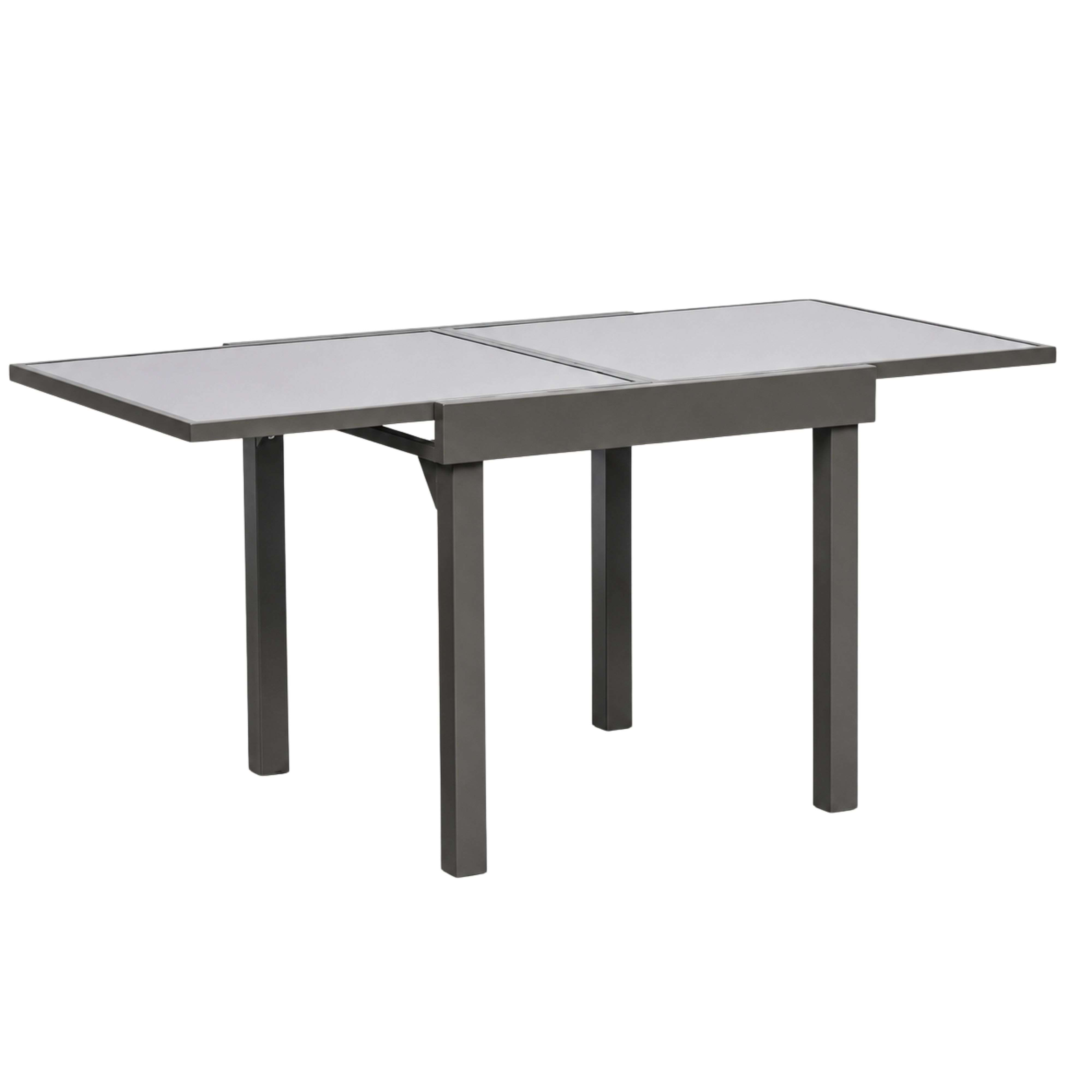 Una mesa extensible gris con tablero de cristal y patas metálicas.