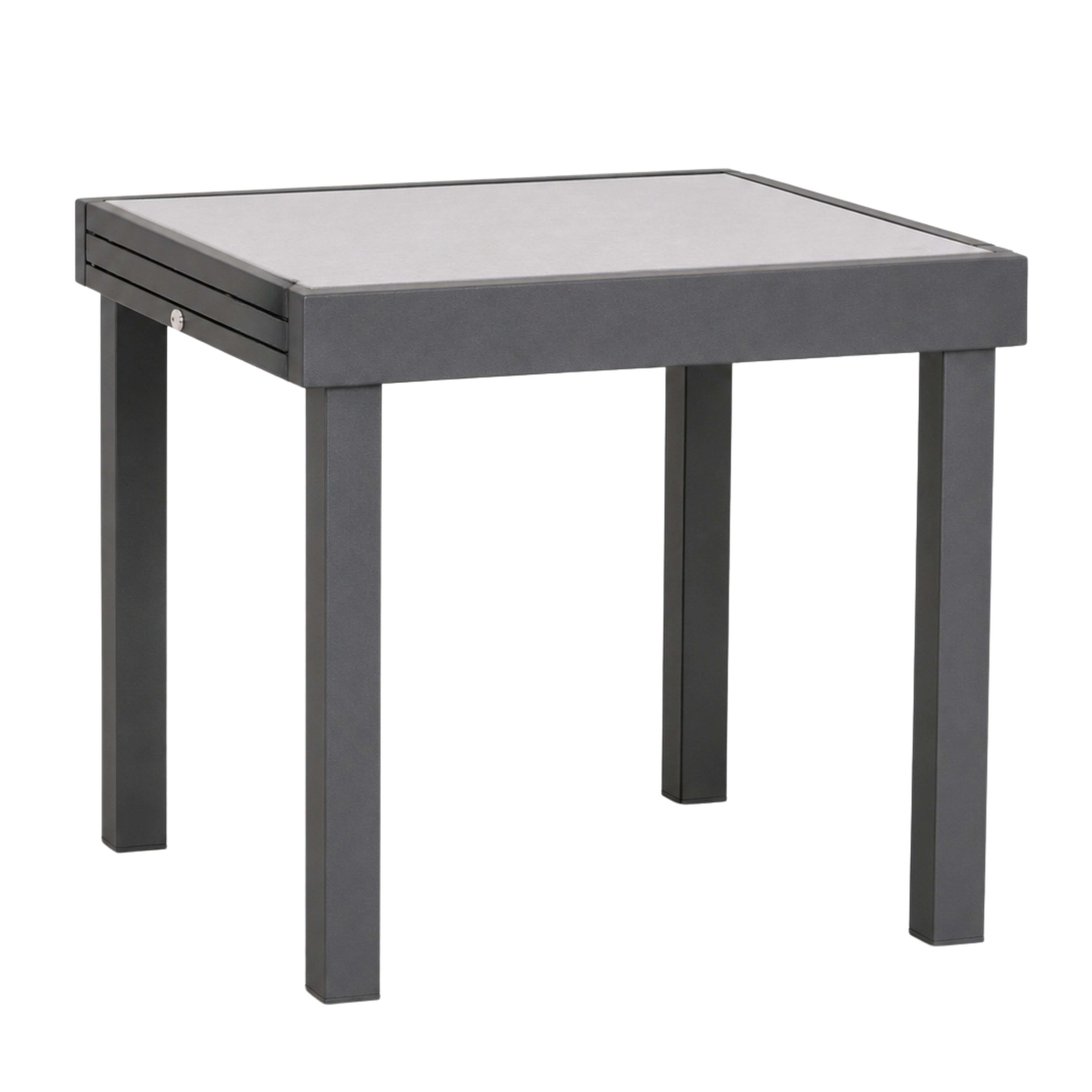 Mesa moderna de metal gris con tapa de cristal y cuatro patas.