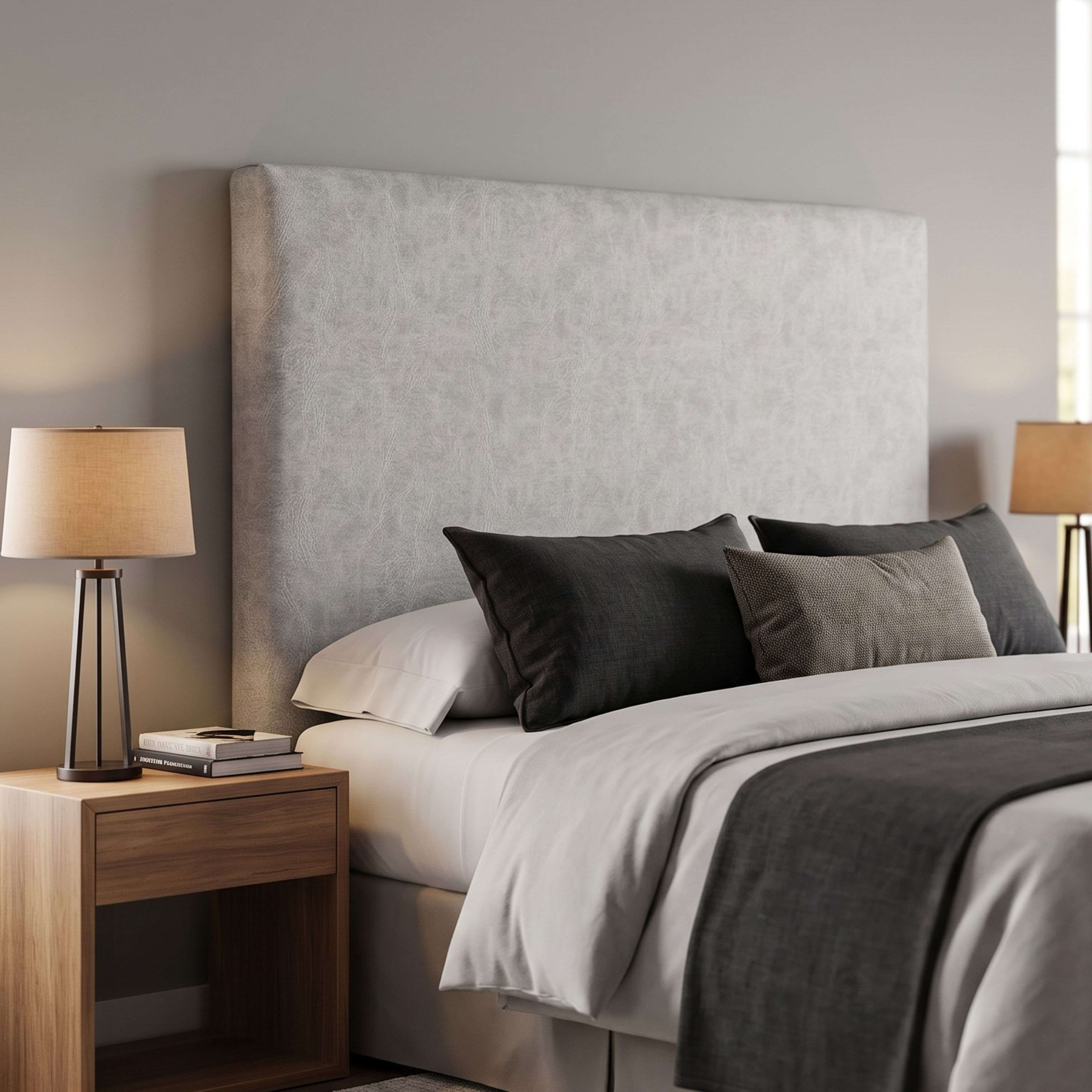 Una cama con cabecero gris, almohadas oscuras y una mesita de noche con lámpara.