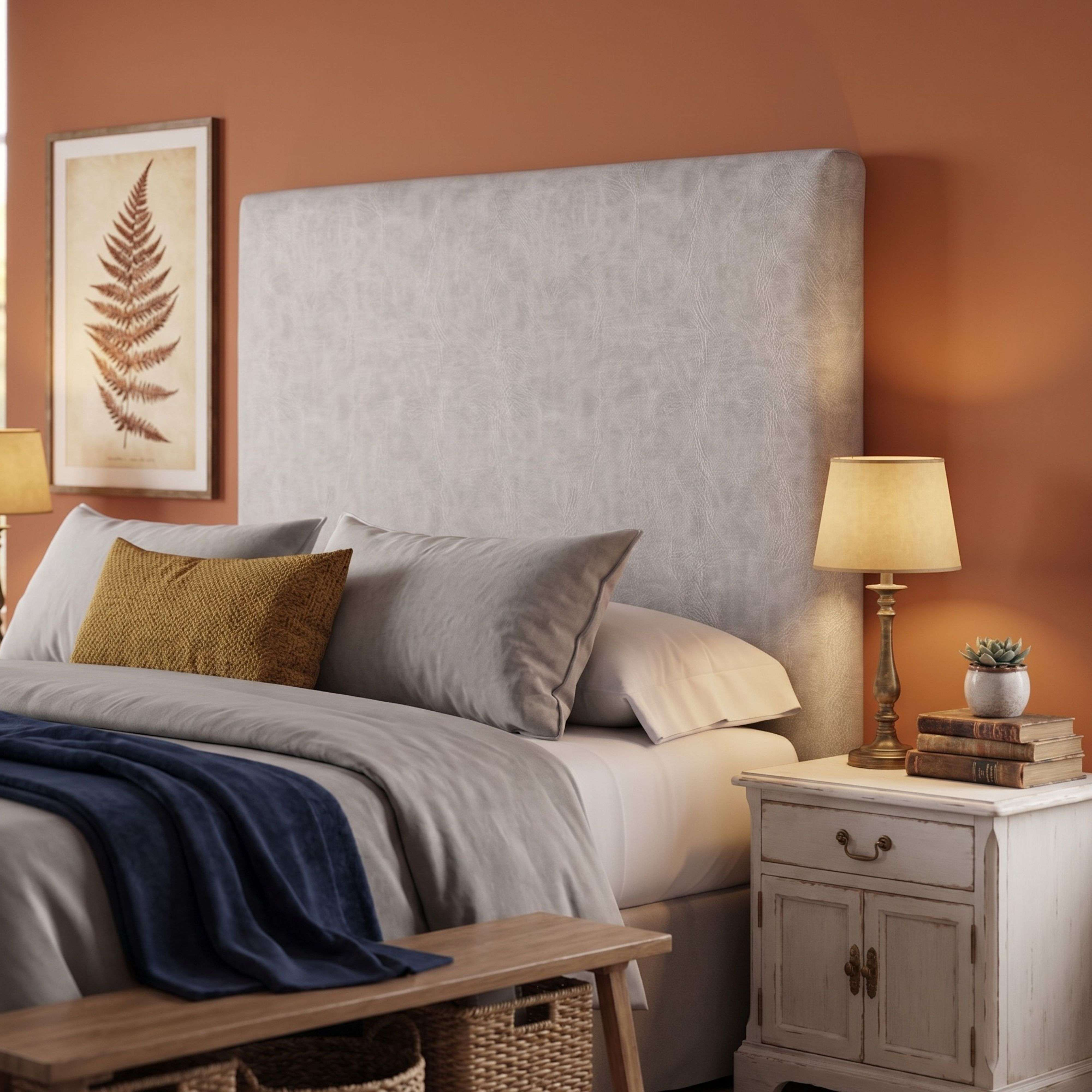 Un dormitorio con cama, cabecero gris, cojín amarillo y cuadro en pared naranja.