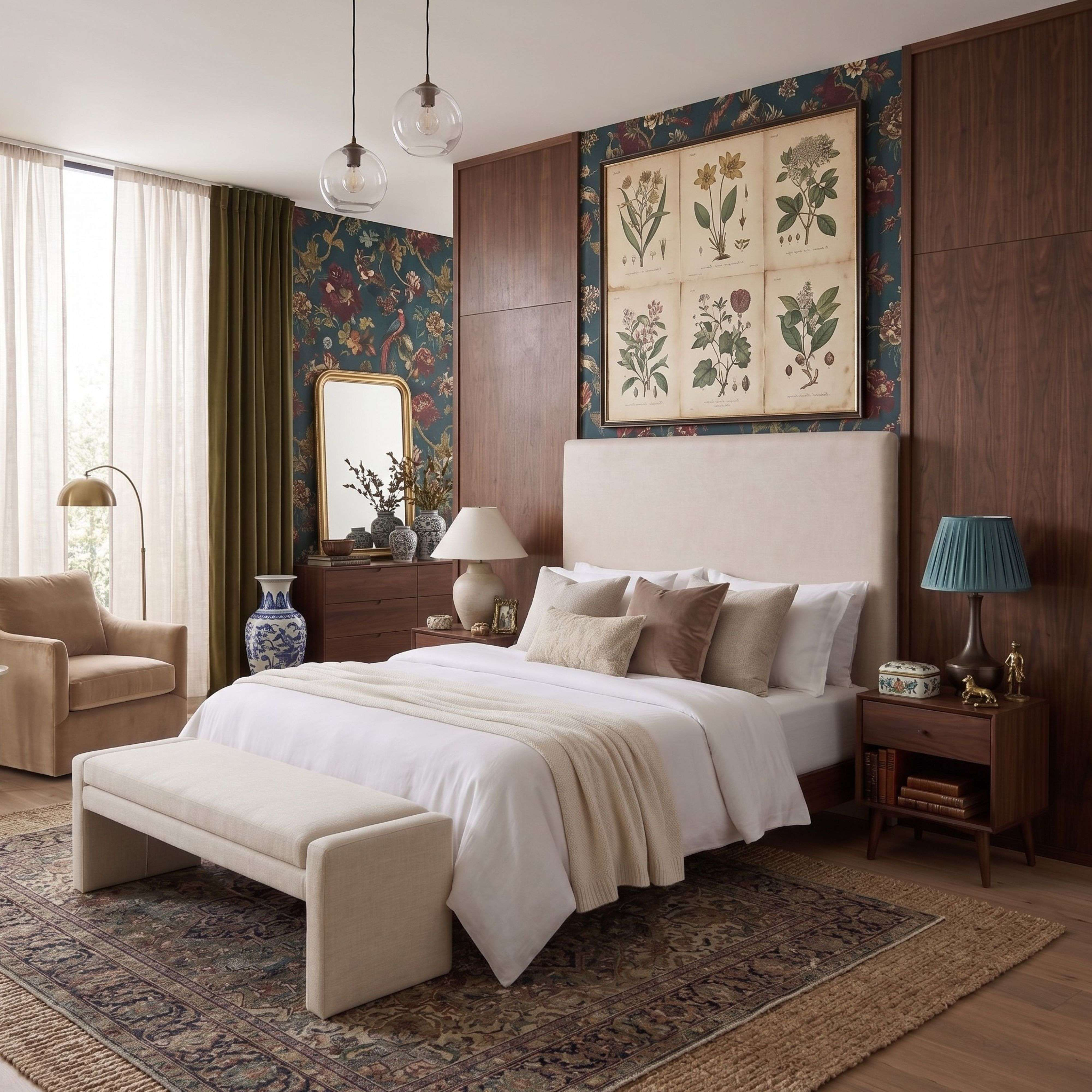 Un dormitorio con cama king size, papel tapiz floral y arte botánico.