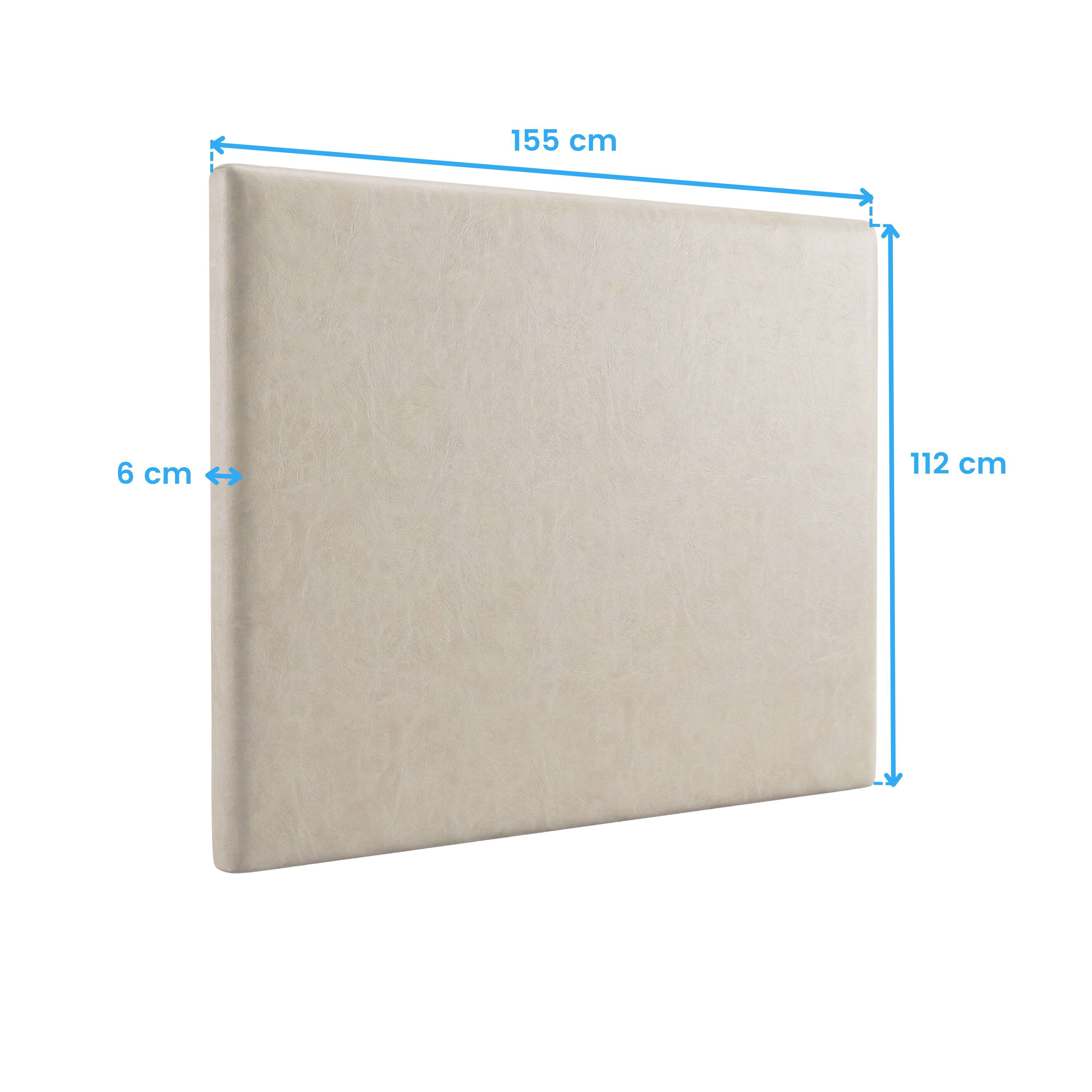 Panel de pared beige, 155x112x6 cm, con medidas.