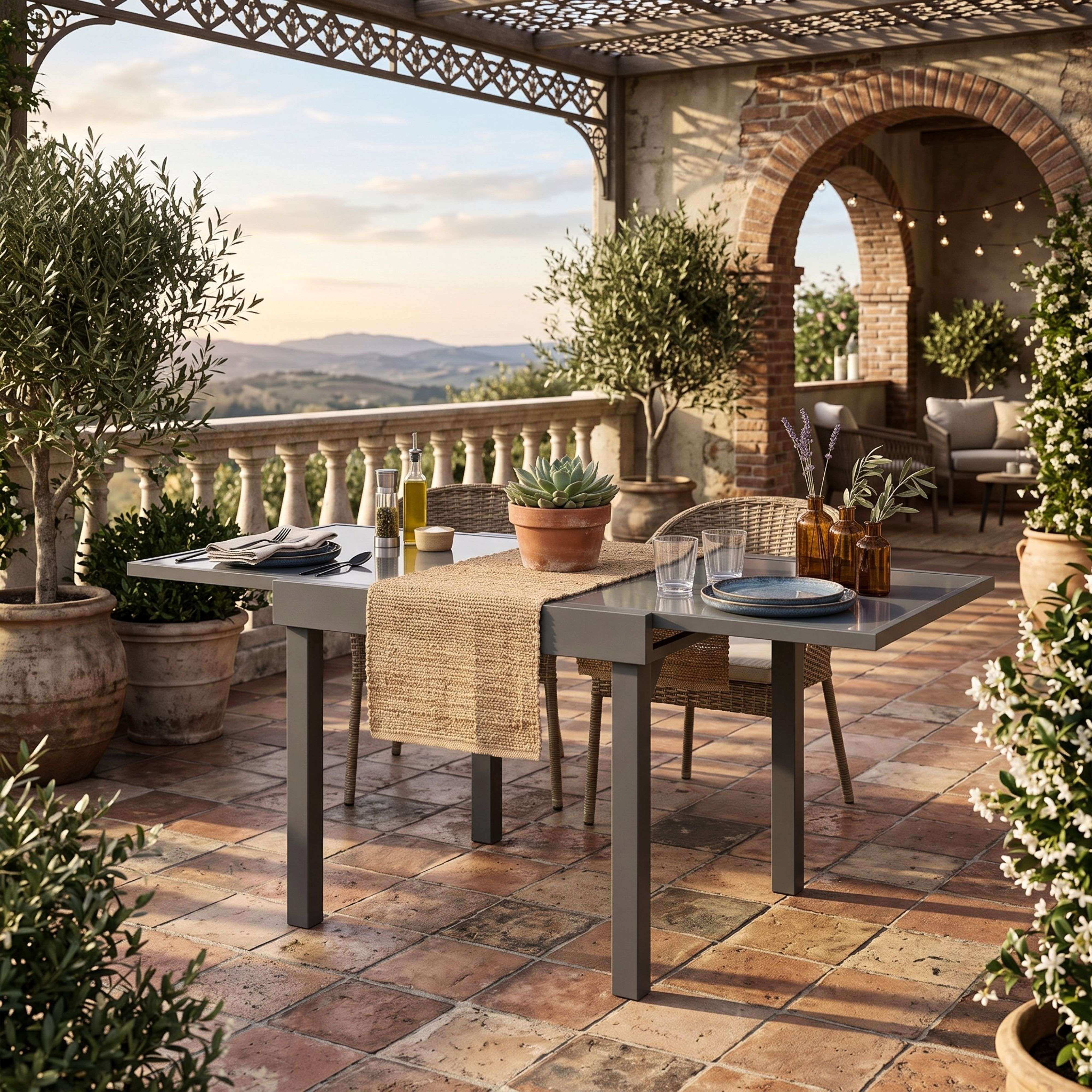 Mesa de comedor exterior con vajilla y plantas, con vistas a un paisaje montañoso.