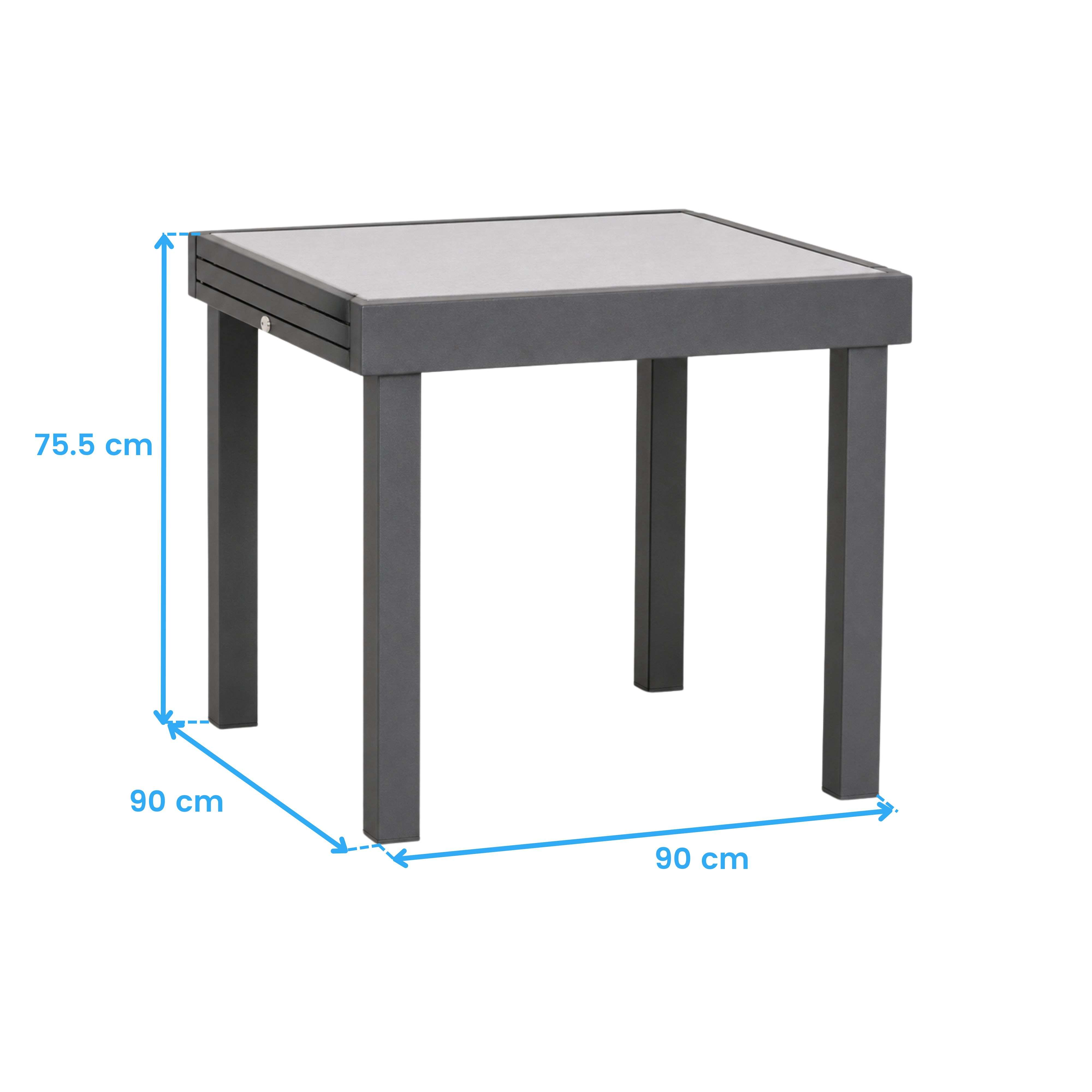 Una mesa gris con dimensiones de 75,5 cm de alto y 90 cm de ancho.